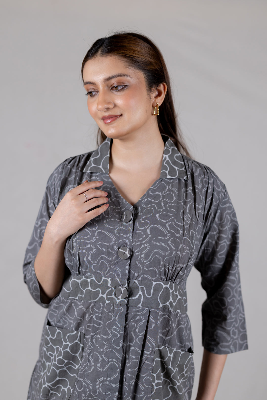 Dabu Cotton Print Flowy Dress in Grey with Pockets - Kai