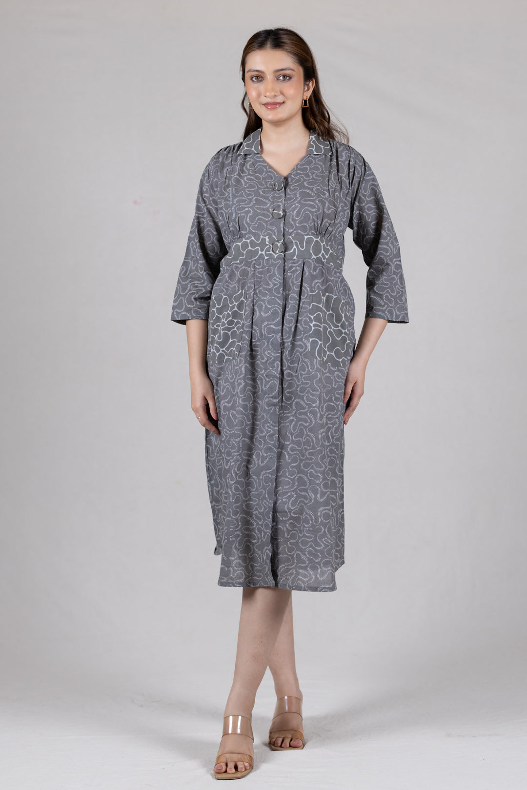 Dabu Cotton Print Flowy Dress in Grey with Pockets - Kai