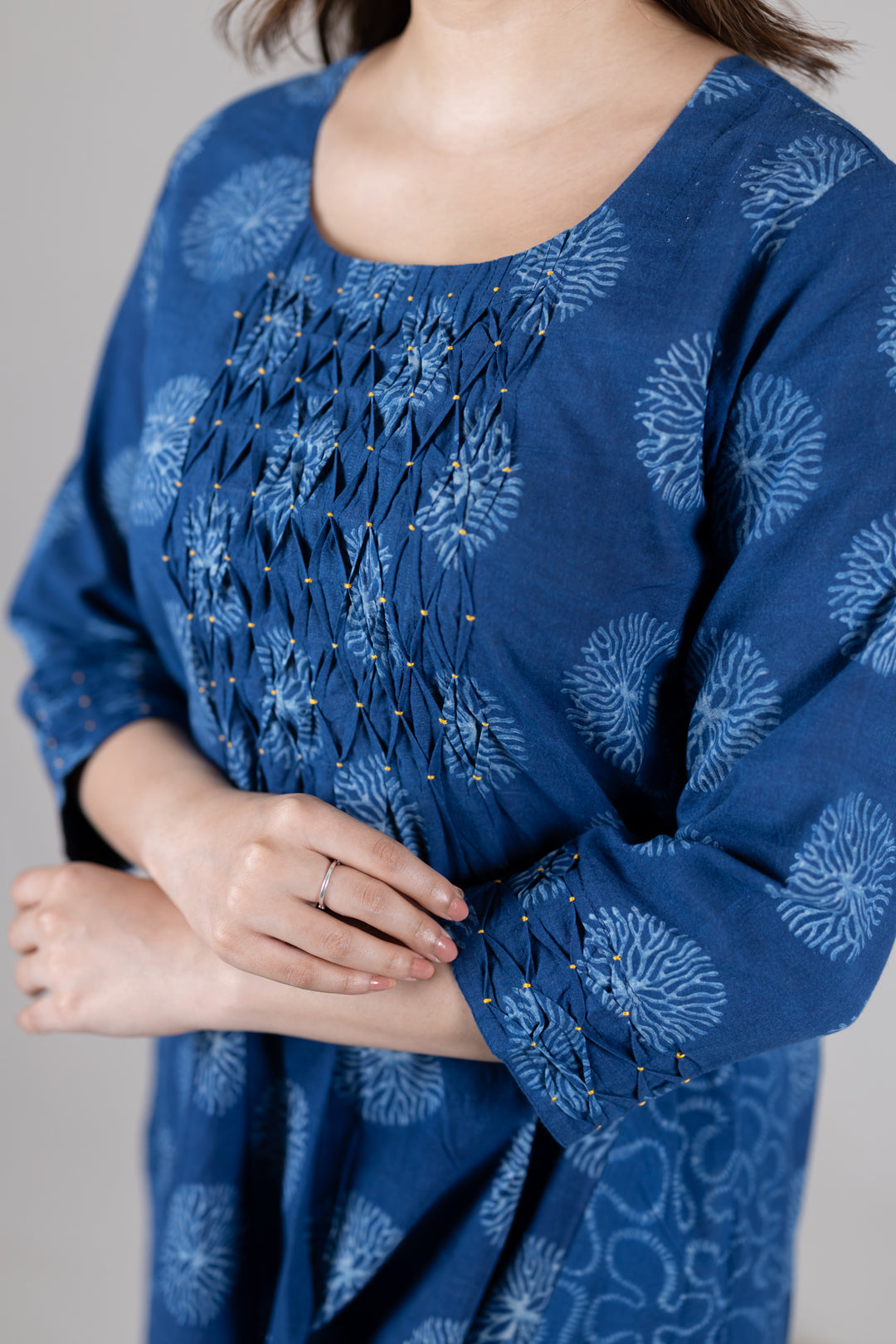 Dabu Round Neck Gathered Kurta in Indigo - Kai