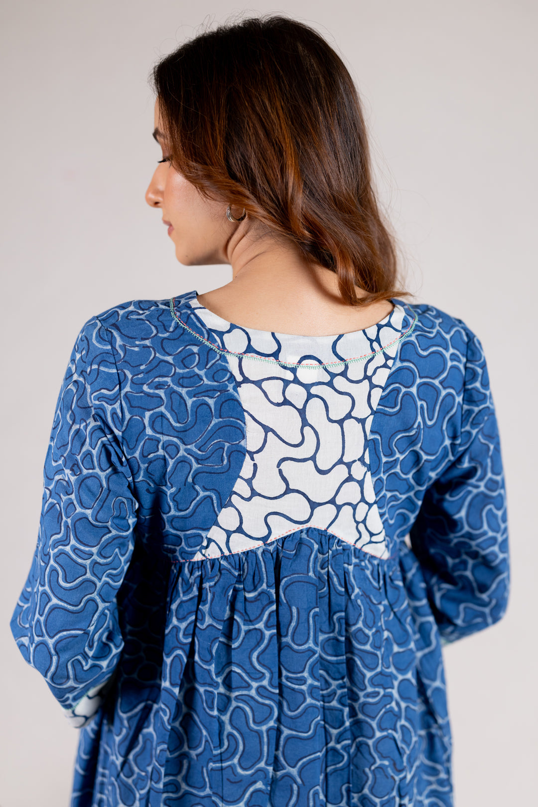 Dabu Block Print V-Neck A-Line Dress with Pockets - Kai