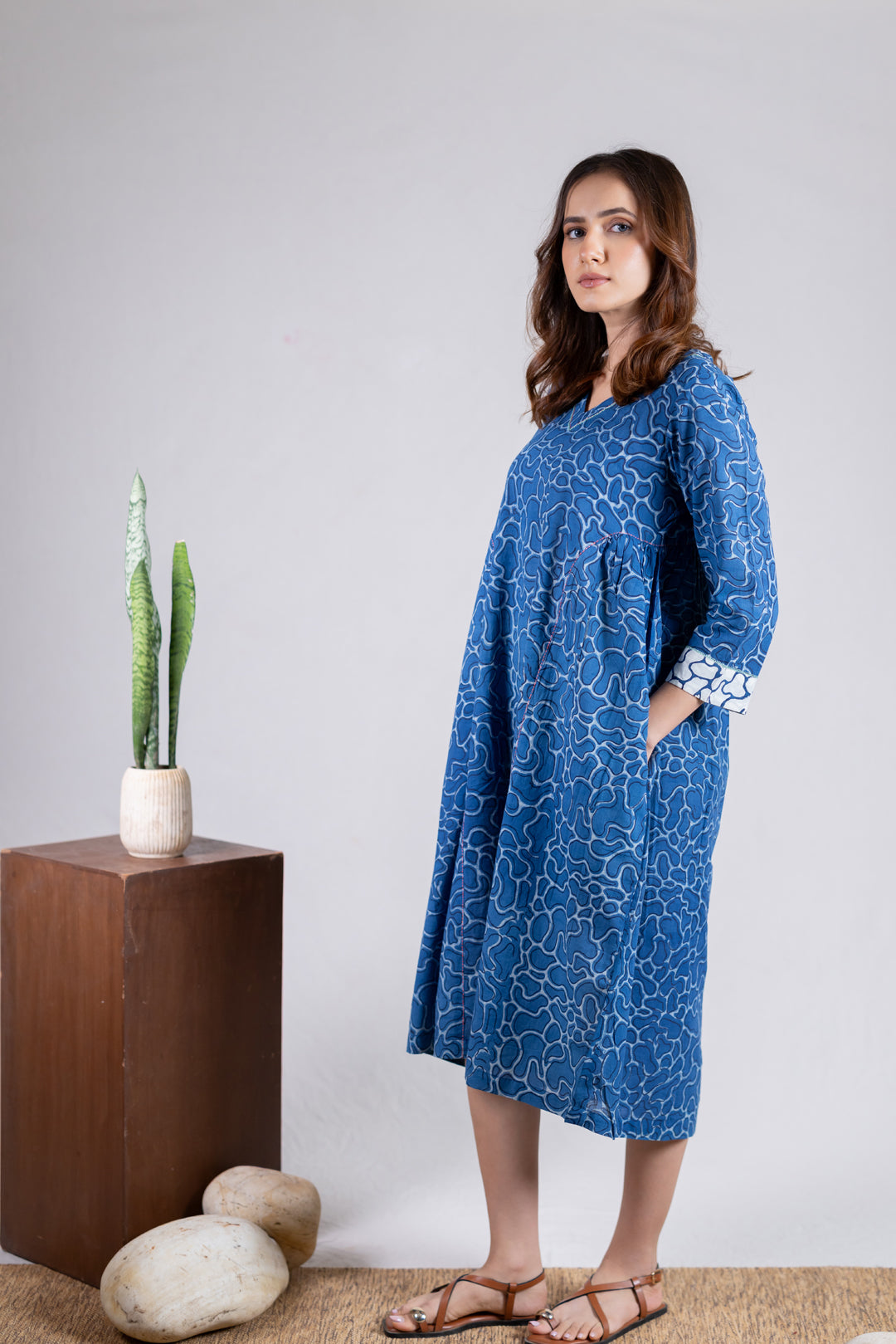 Dabu Block Print V-Neck A-Line Dress with Pockets - Kai