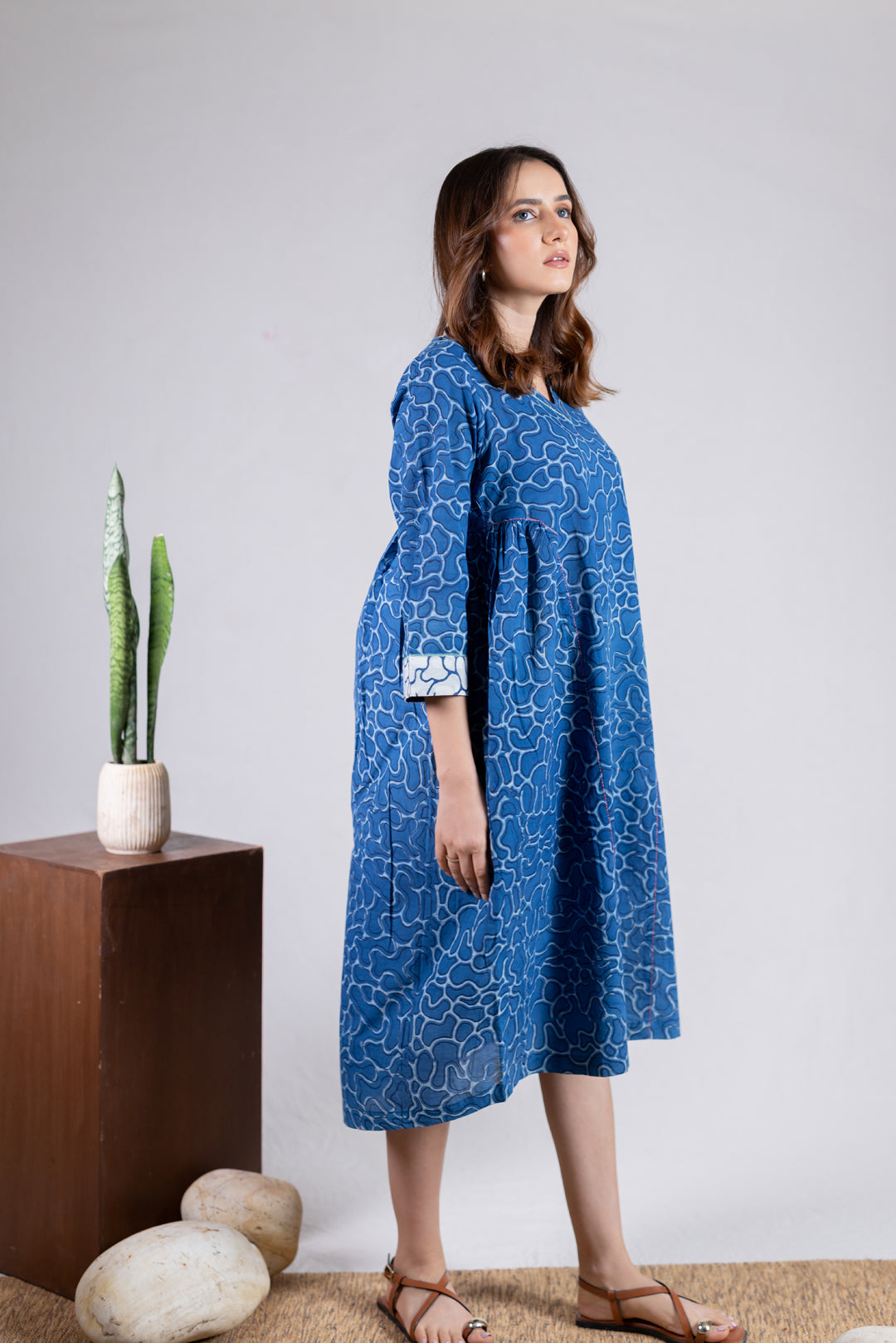Dabu Block Print V-Neck A-Line Dress with Pockets - Kai