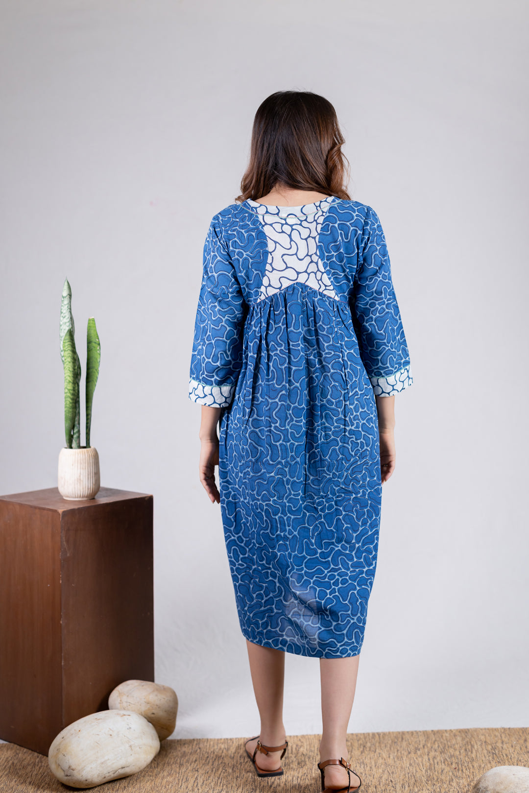 Dabu Block Print V-Neck A-Line Dress with Pockets - Kai