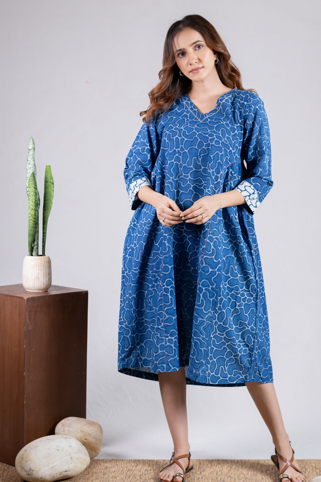 Dabu Block Print V-Neck A-Line Dress with Pockets - Kai