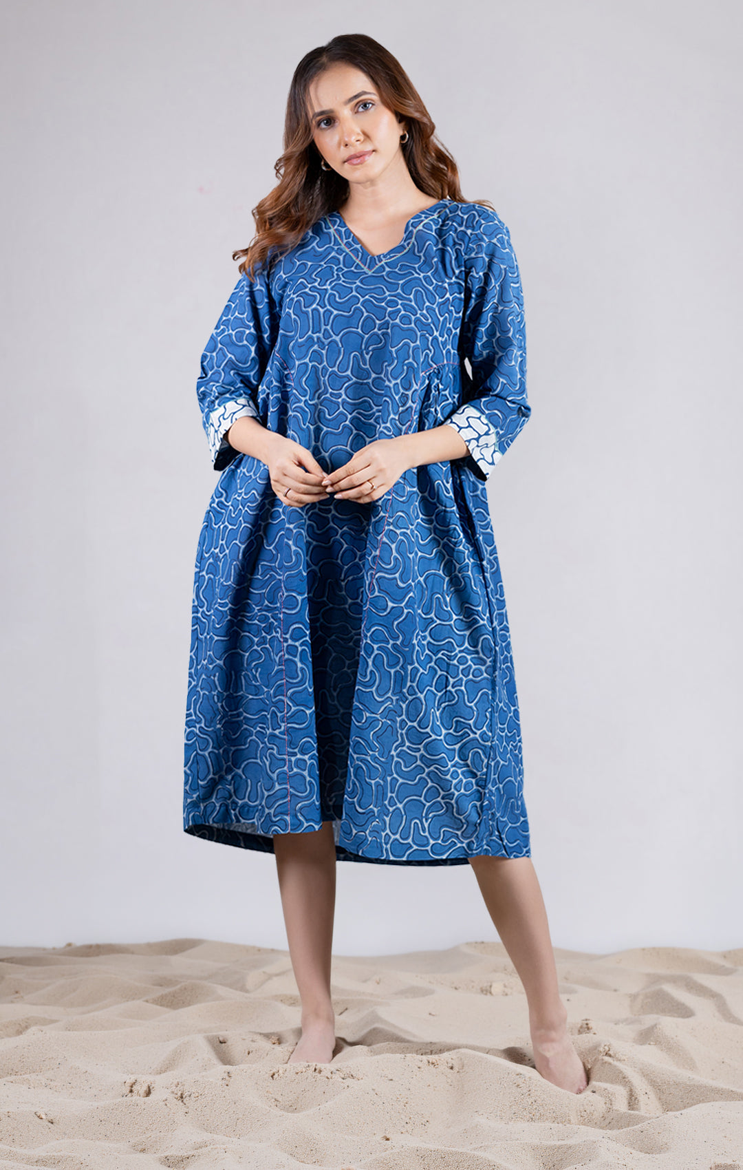 Dabu Block Print V-Neck A-Line Dress with Pockets - Kai