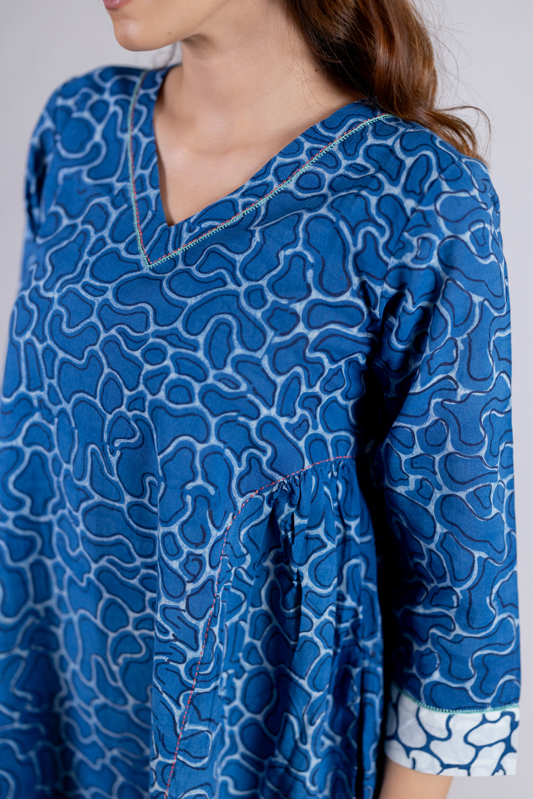 Dabu Block Print V-Neck A-Line Dress with Pockets - Kai