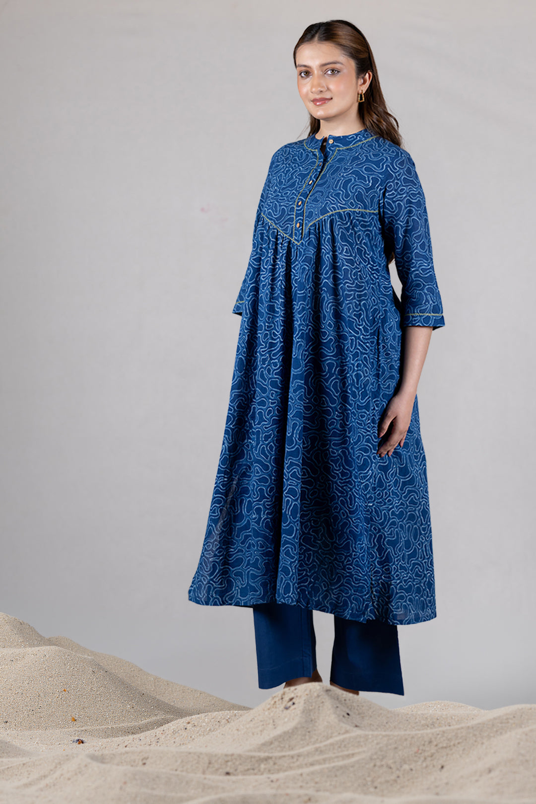 Dabu Cotton Block Print Kurta in Indigo - Kai