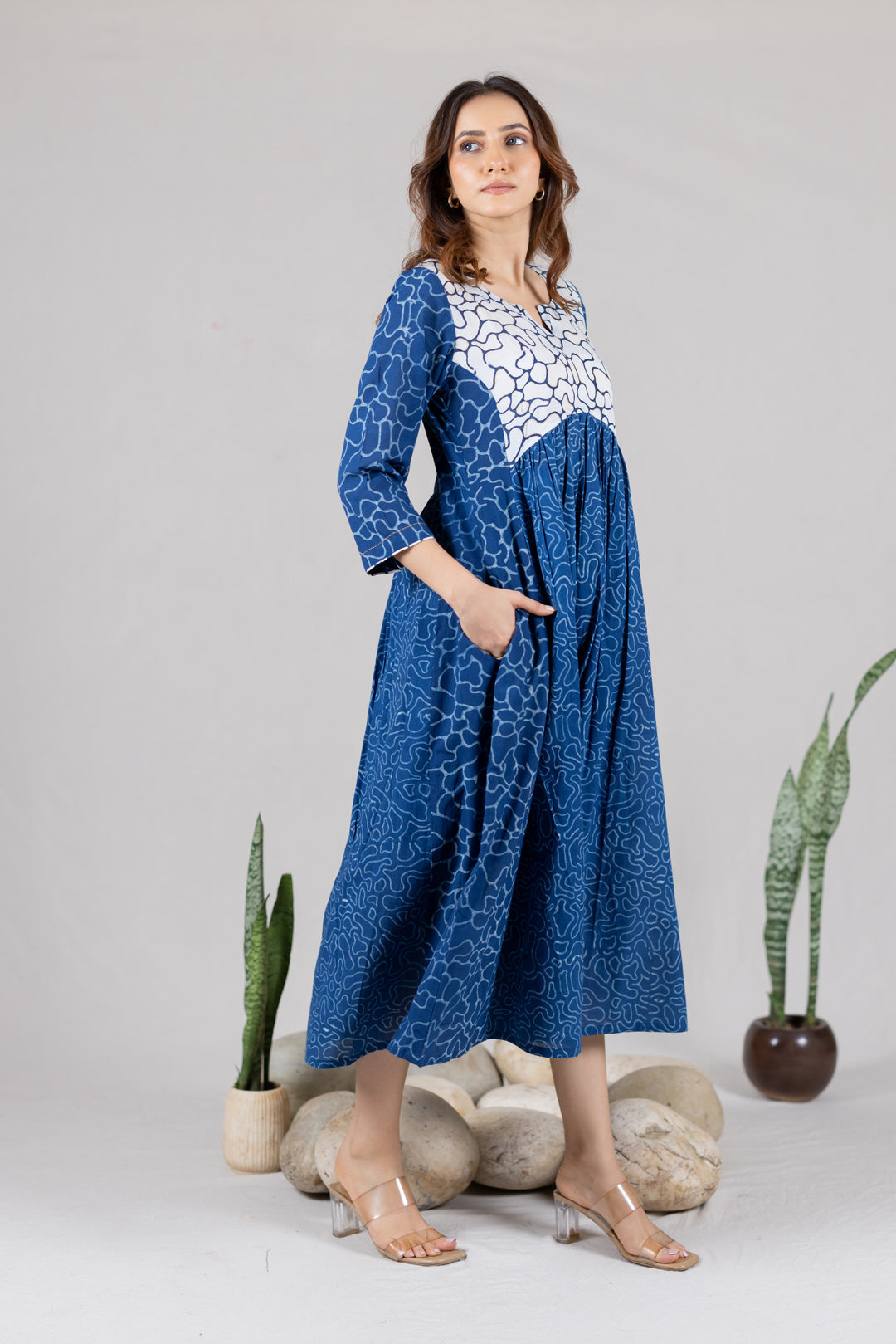 Dabu Cotton Flowy Dress in Blue with Pockets - Kai