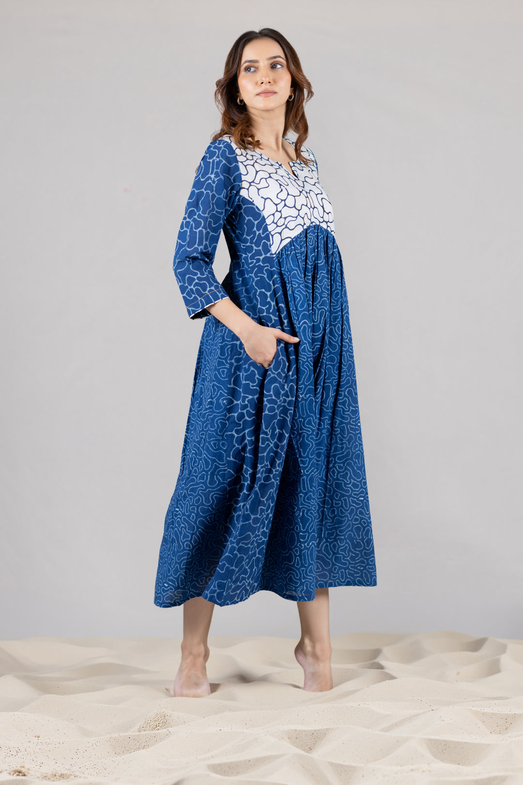 Dabu Cotton Flowy Dress in Blue with Pockets - Kai