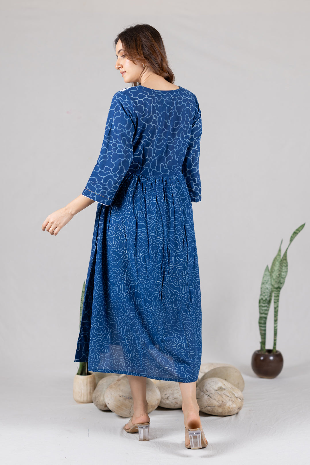 Dabu Cotton Flowy Dress in Blue with Pockets - Kai