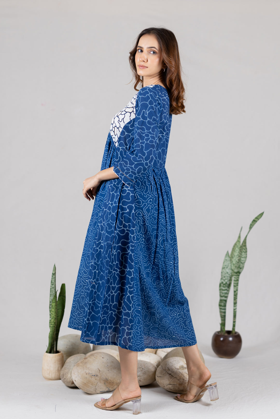 Dabu Cotton Flowy Dress in Blue with Pockets - Kai
