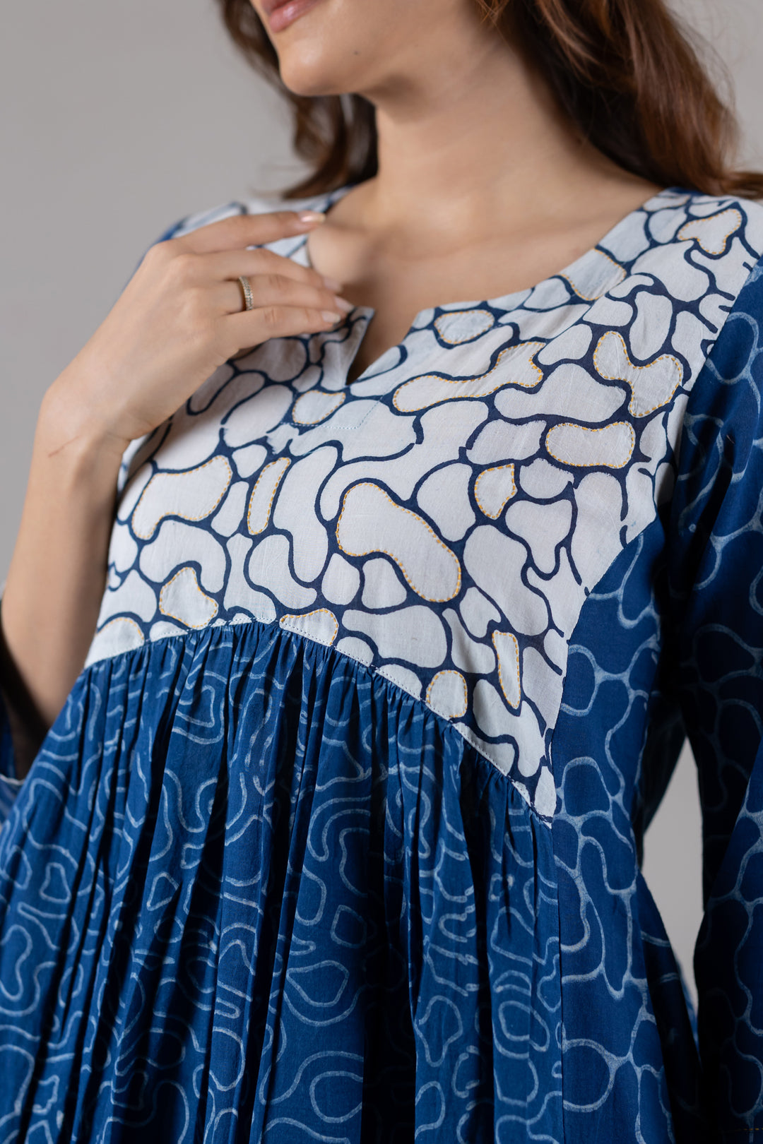 Dabu Cotton Flowy Dress in Blue with Pockets - Kai