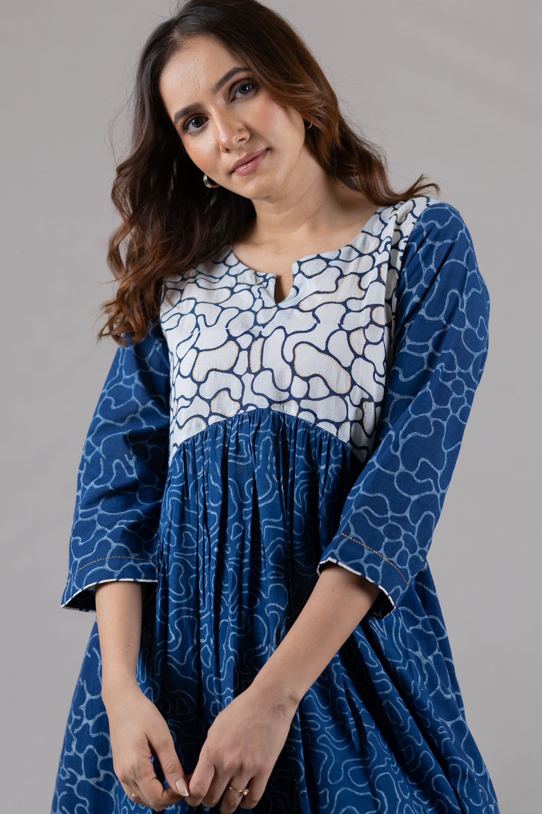 Dabu Cotton Flowy Dress in Blue with Pockets - Kai