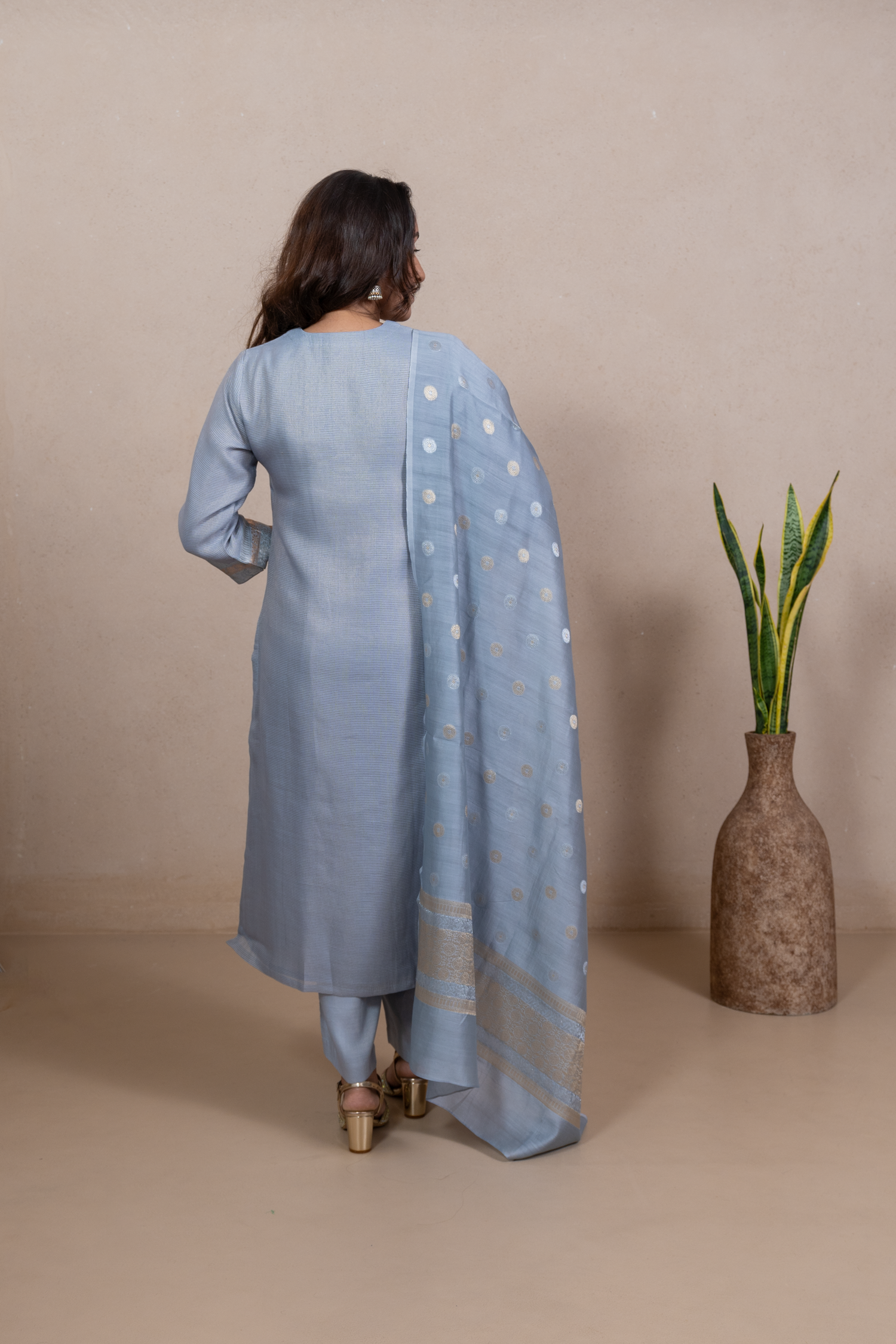 Raysham Silver Grey Embroidered Tissue Silk Set of 2 | Ray-ethnic