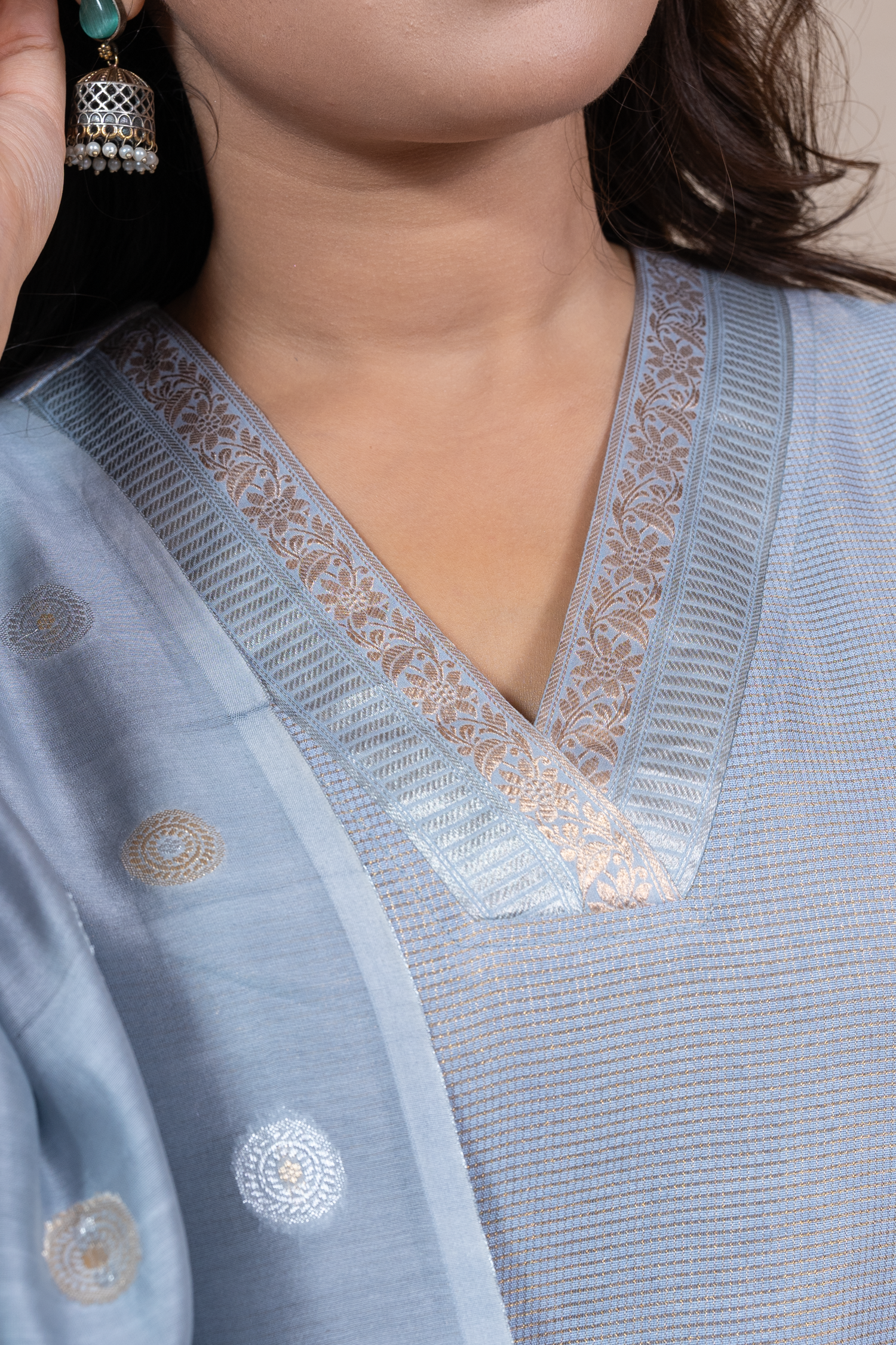 Raysham Silver Grey Embroidered Tissue Silk Set of 2 | Ray-ethnic