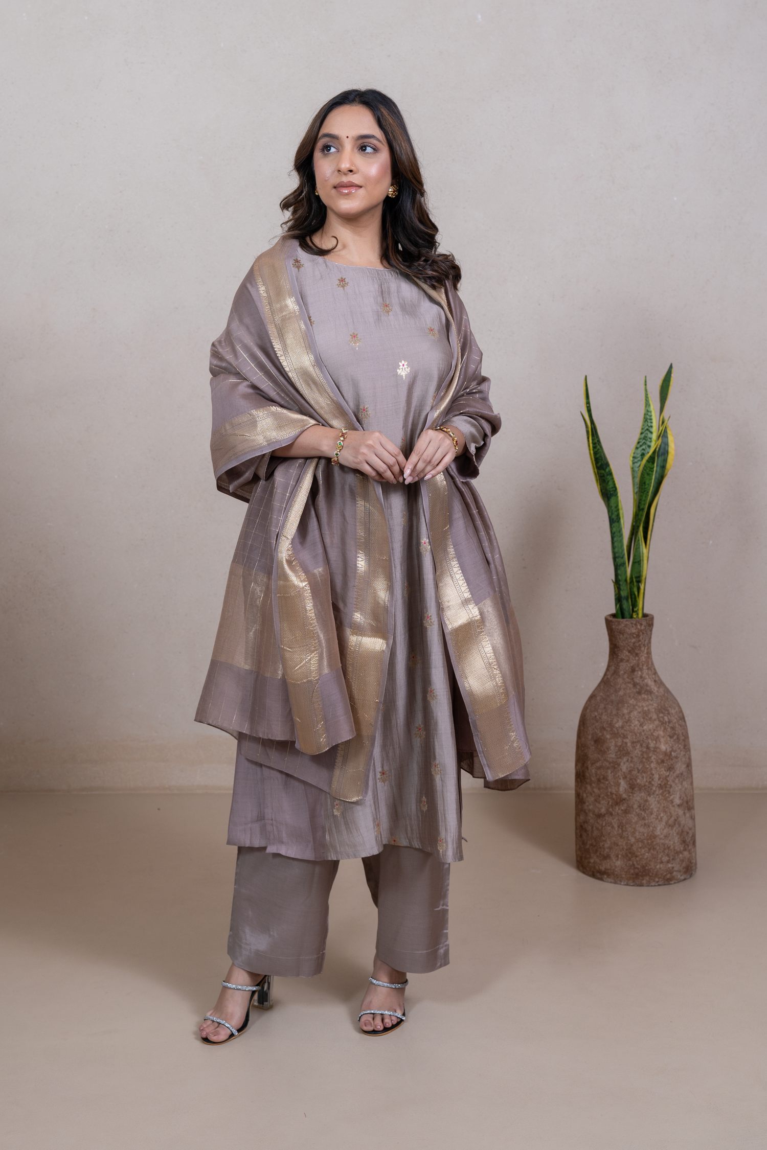 Raysham Beige Embroidered Silk set of 3 | Ray-ethnic
