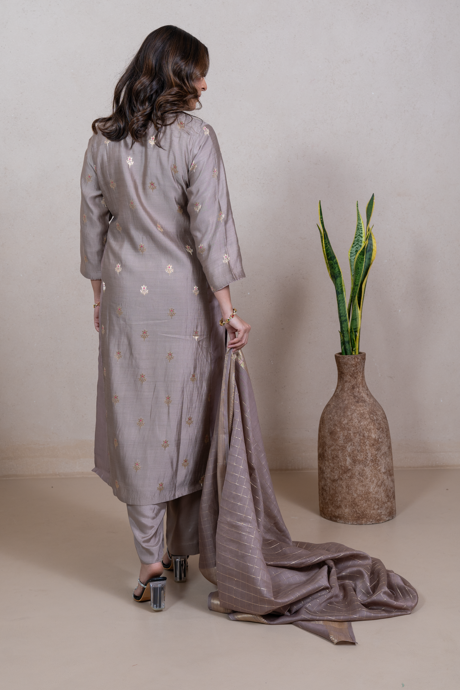 Raysham Beige Embroidered Silk set of 3 | Ray-ethnic