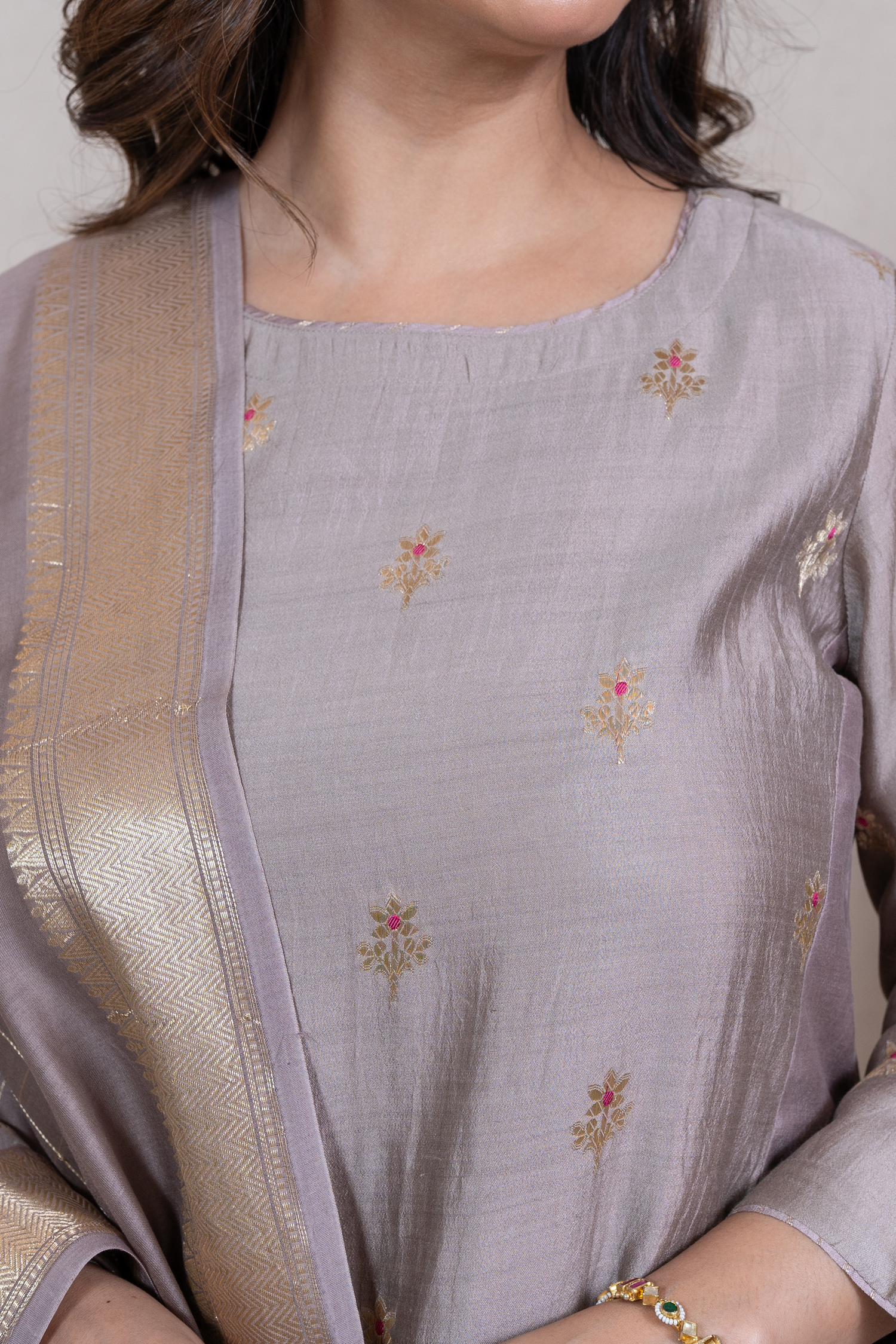 Raysham Beige Embroidered Silk set of 3 | Ray-ethnic
