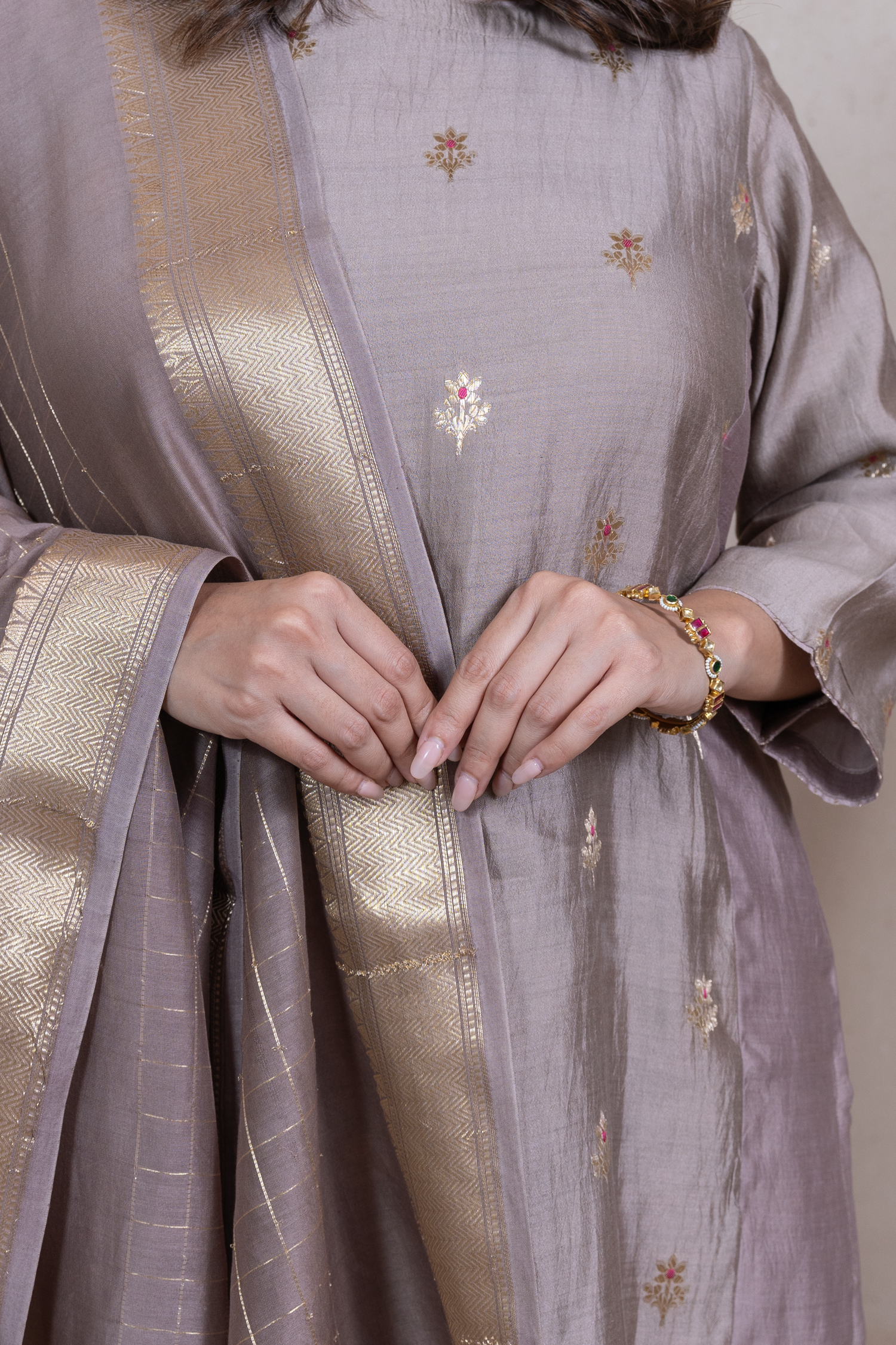 Raysham Beige Embroidered Silk set of 3 | Ray-ethnic
