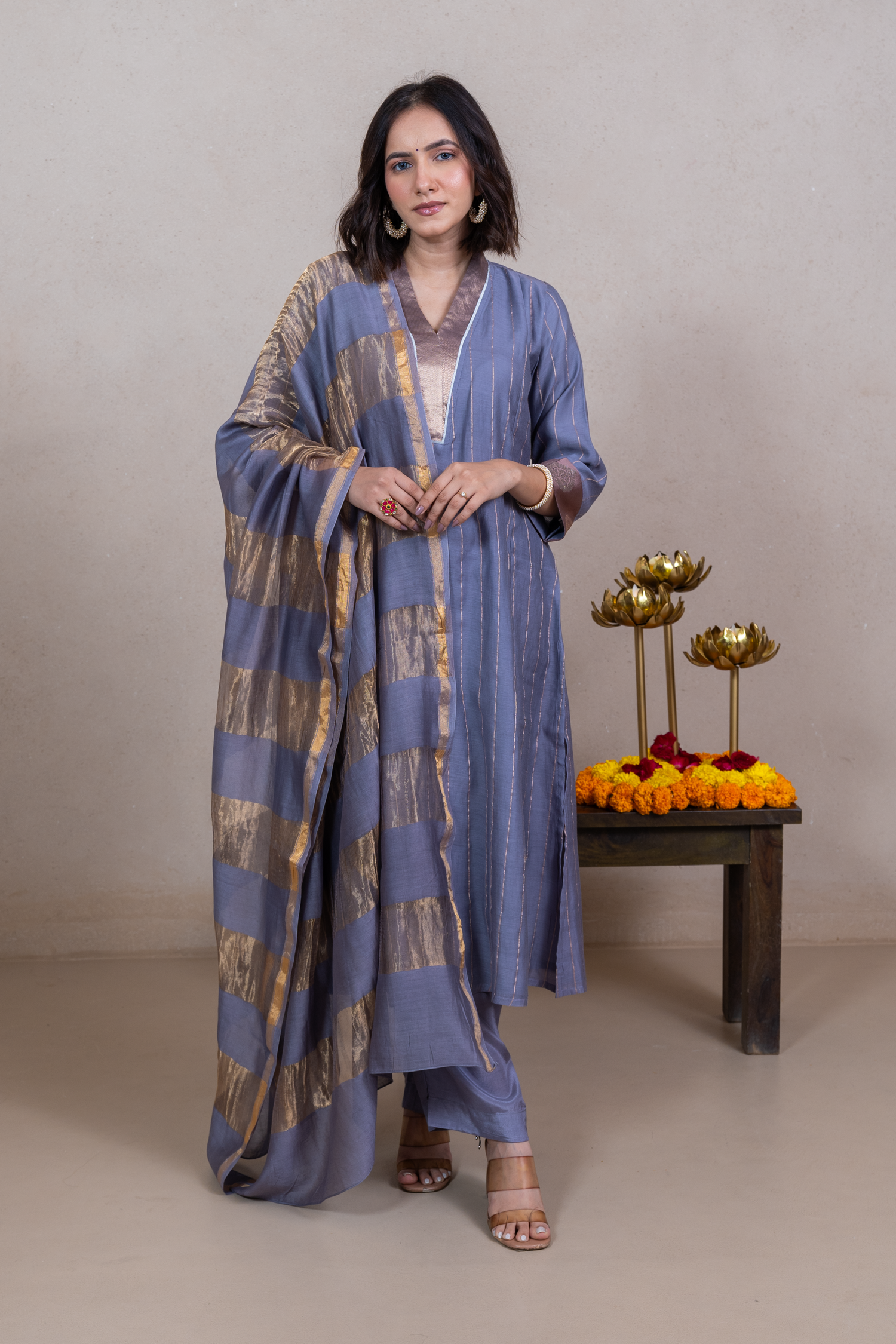 Raysham Lavender Banaras Chanderi Silk Set of 3 | Ray-ethnic