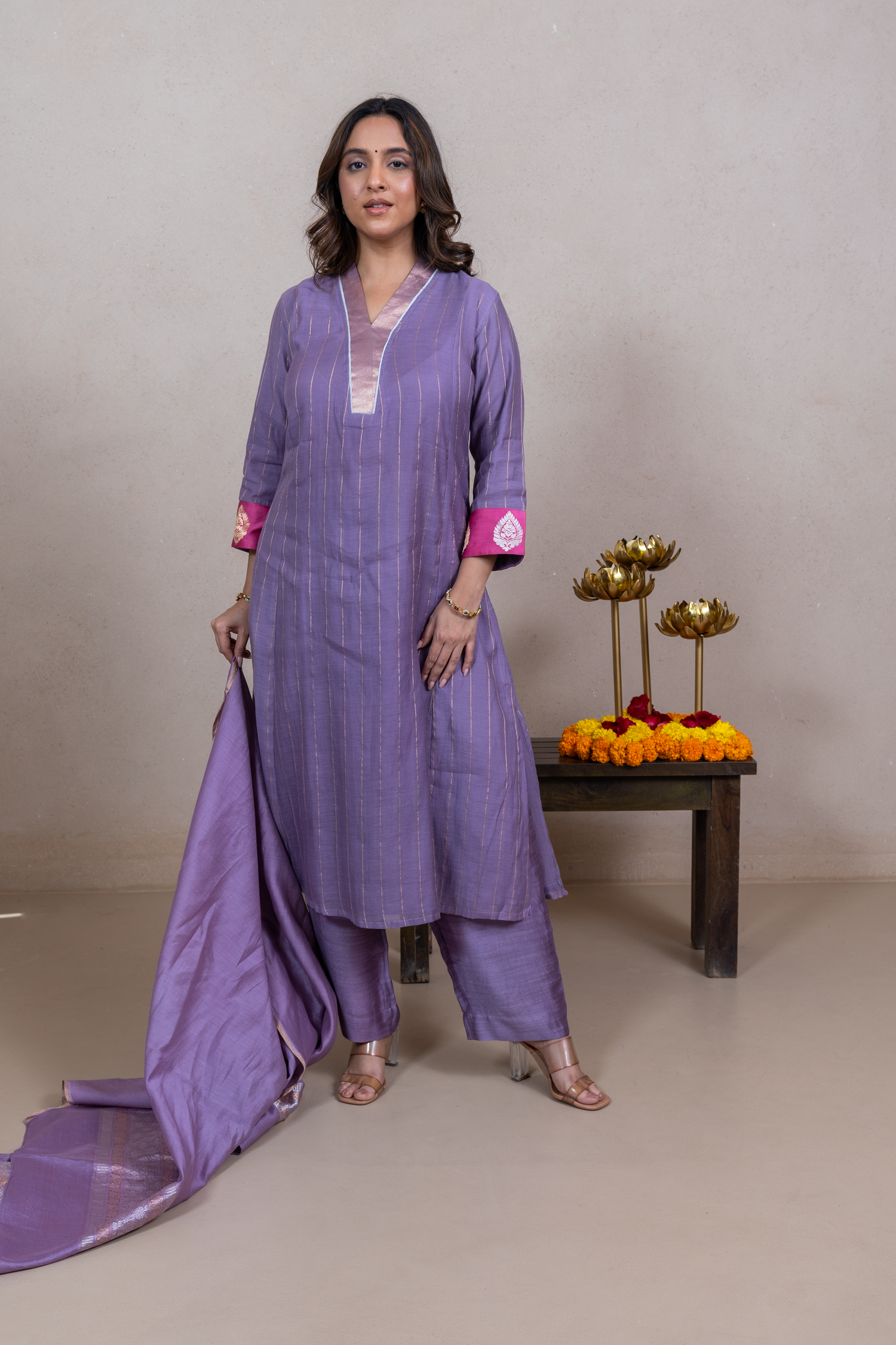 Raysham Lavender Banarasi Chanderi Silk Set of 3 | Ray-ethnic