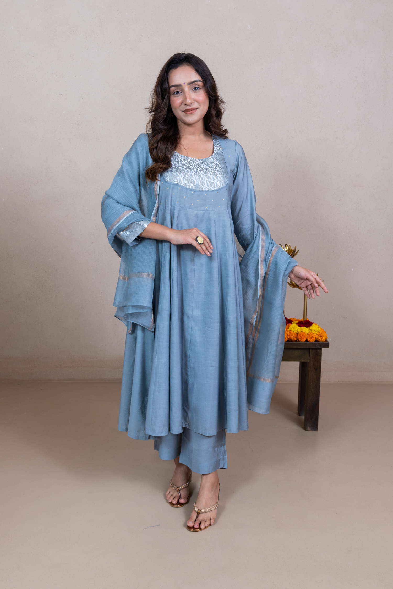Raysham Silver Light Blue Plain Cotton Silk Set of 3 | ray-ethnic