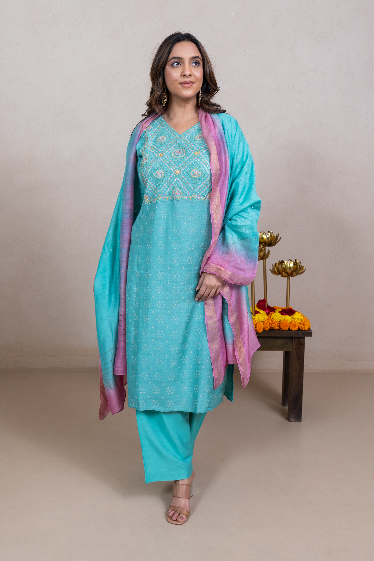 Raysham Sea Green Bandhani Tusser Silk Set of 3 | Ray-ethnic