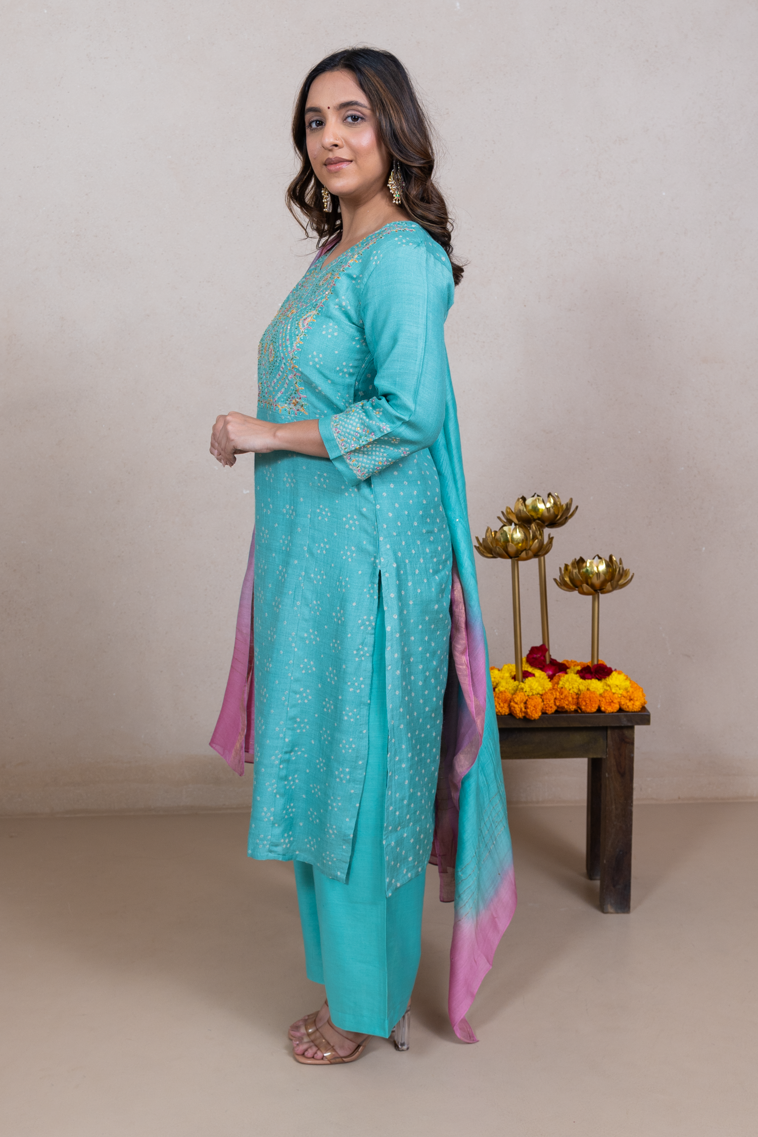 Raysham Sea Green Bandhani Tusser Silk Set of 3 | Ray-ethnic