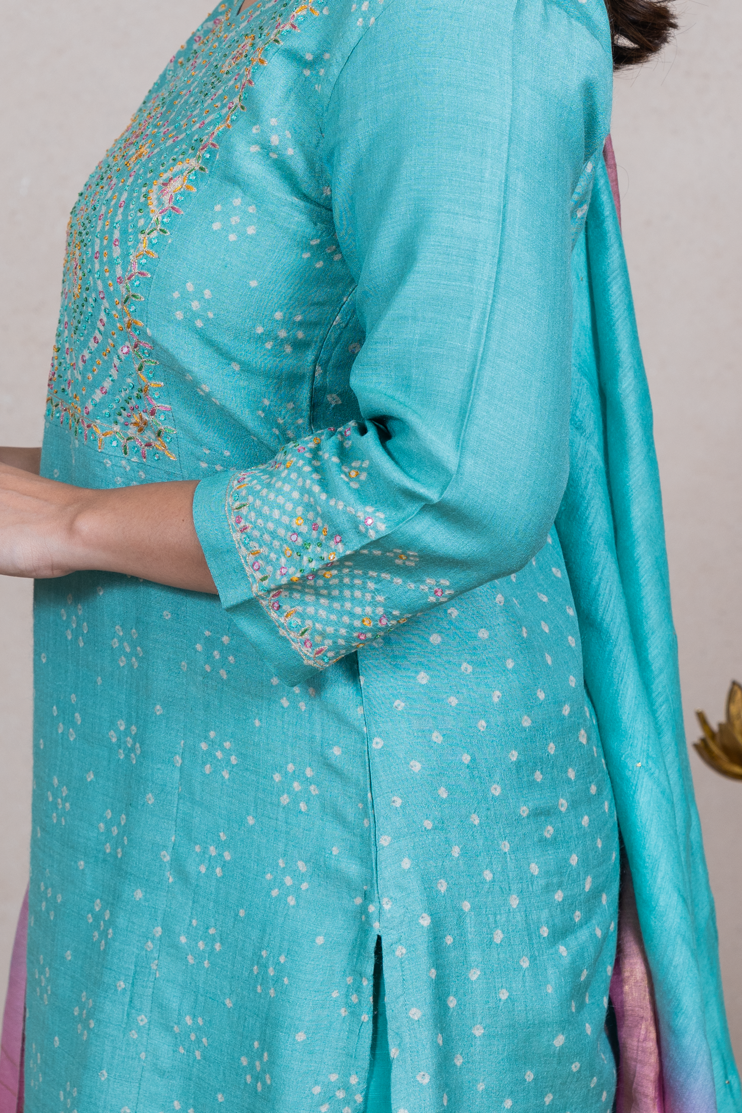 Raysham Sea Green Bandhani Tusser Silk Set of 3 | Ray-ethnic