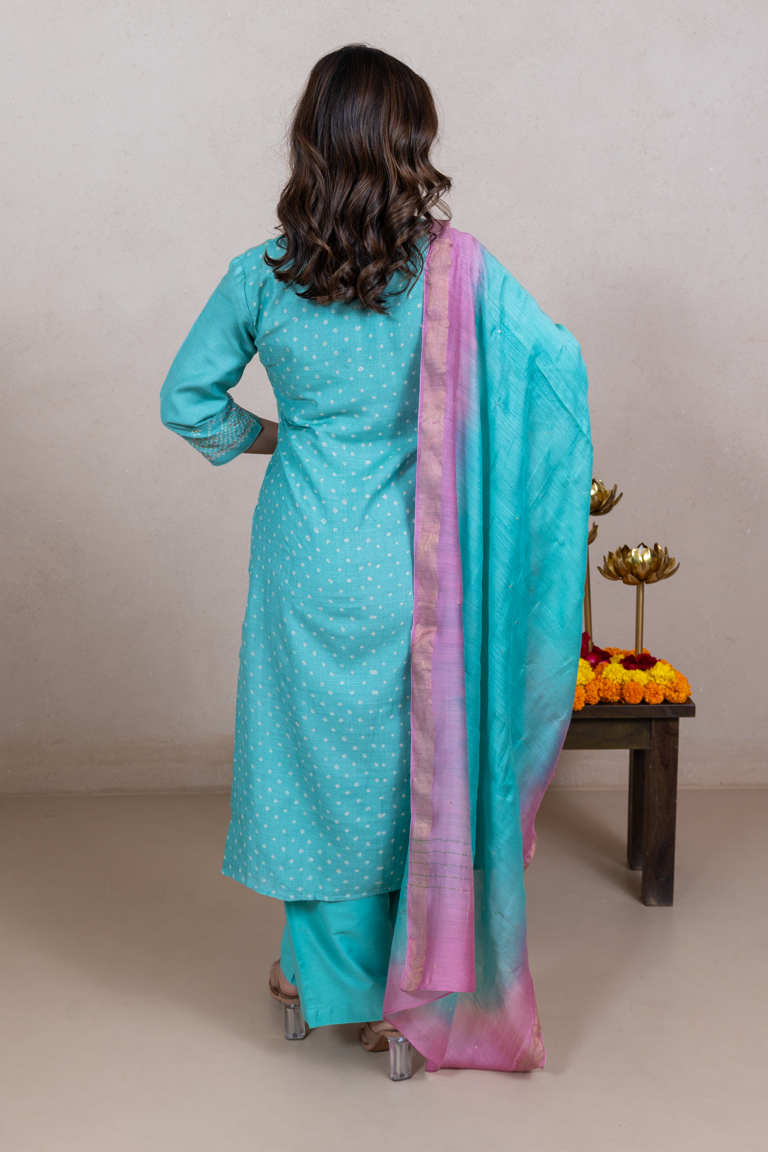 Raysham Sea Green Bandhani Tusser Silk Set of 3 | Ray-ethnic