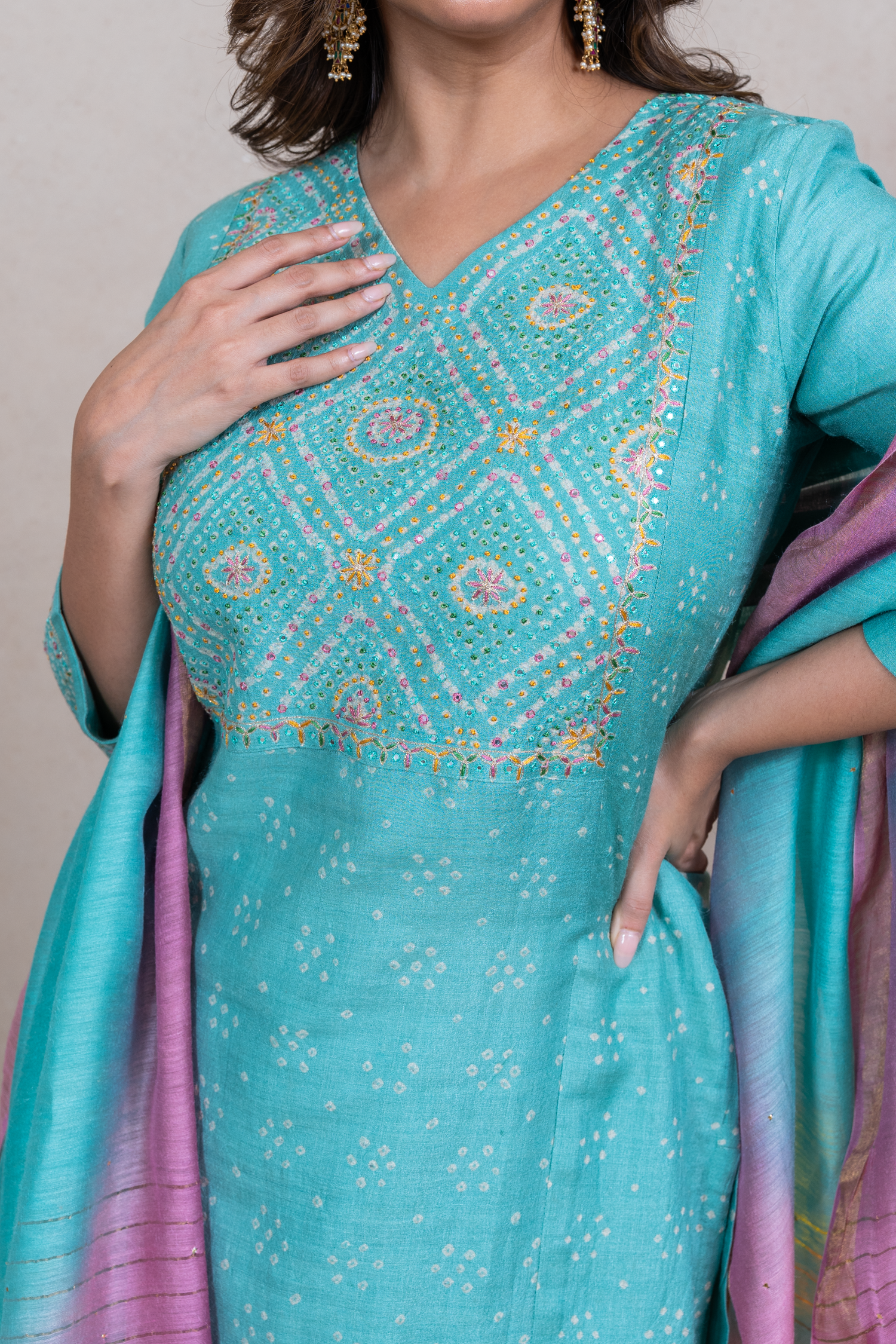 Raysham Sea Green Bandhani Tusser Silk Set of 3 | Ray-ethnic
