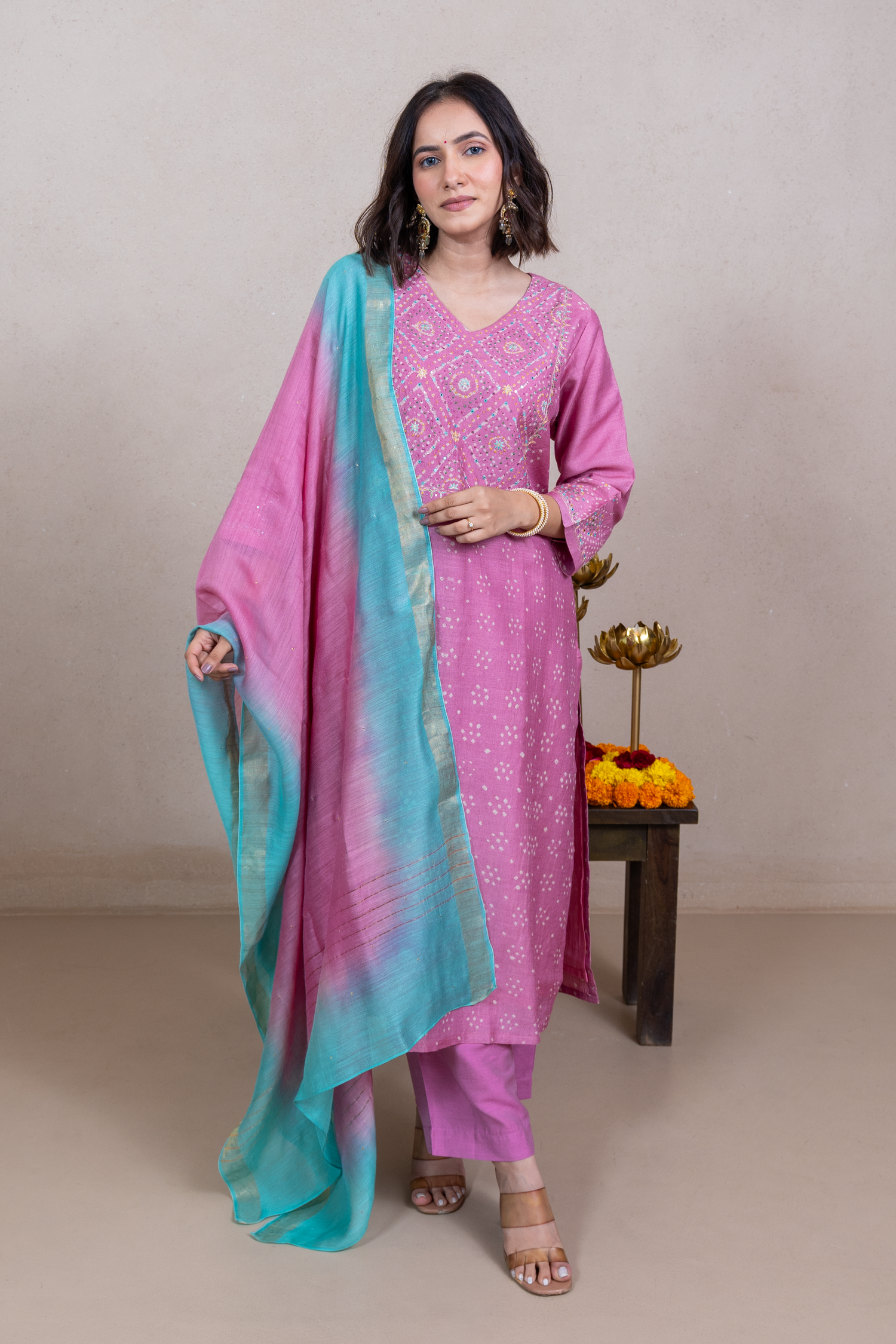 Raysham Pink Bandhani Tusser Silk Set of 3 | Ray-ethnic