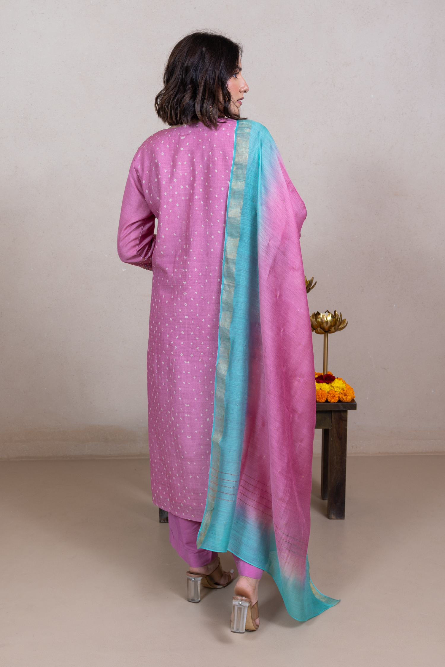 Raysham Pink Bandhani Tusser Silk Set of 3 | Ray-ethnic