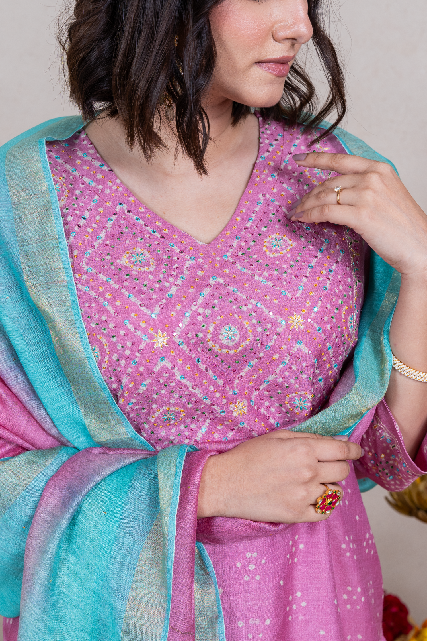 Raysham Pink Bandhani Tusser Silk Set of 3 | Ray-ethnic