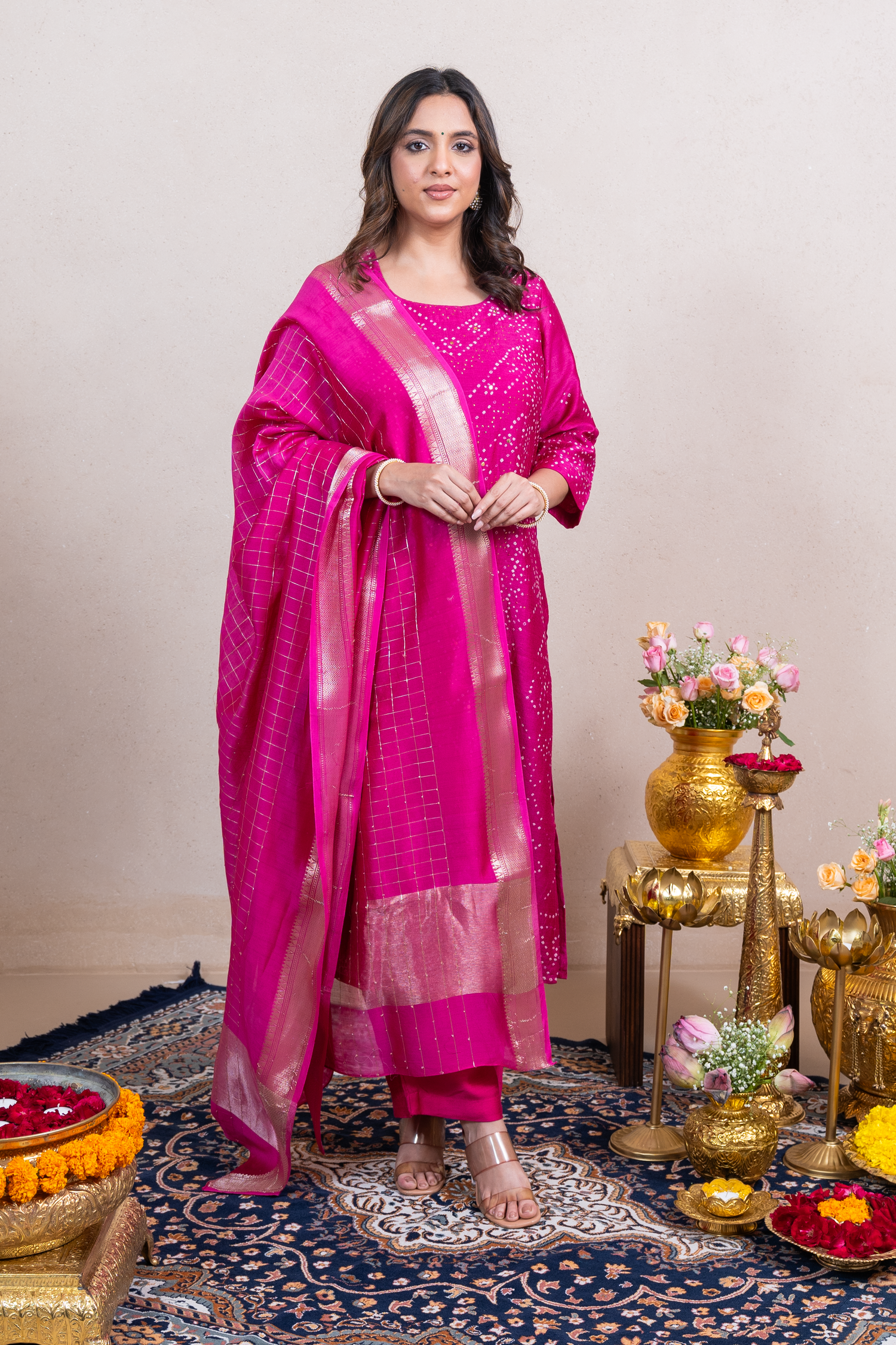 Raysham Rani Pink Bandhani Tusser Silk Set of 3 | Ray-ethnic