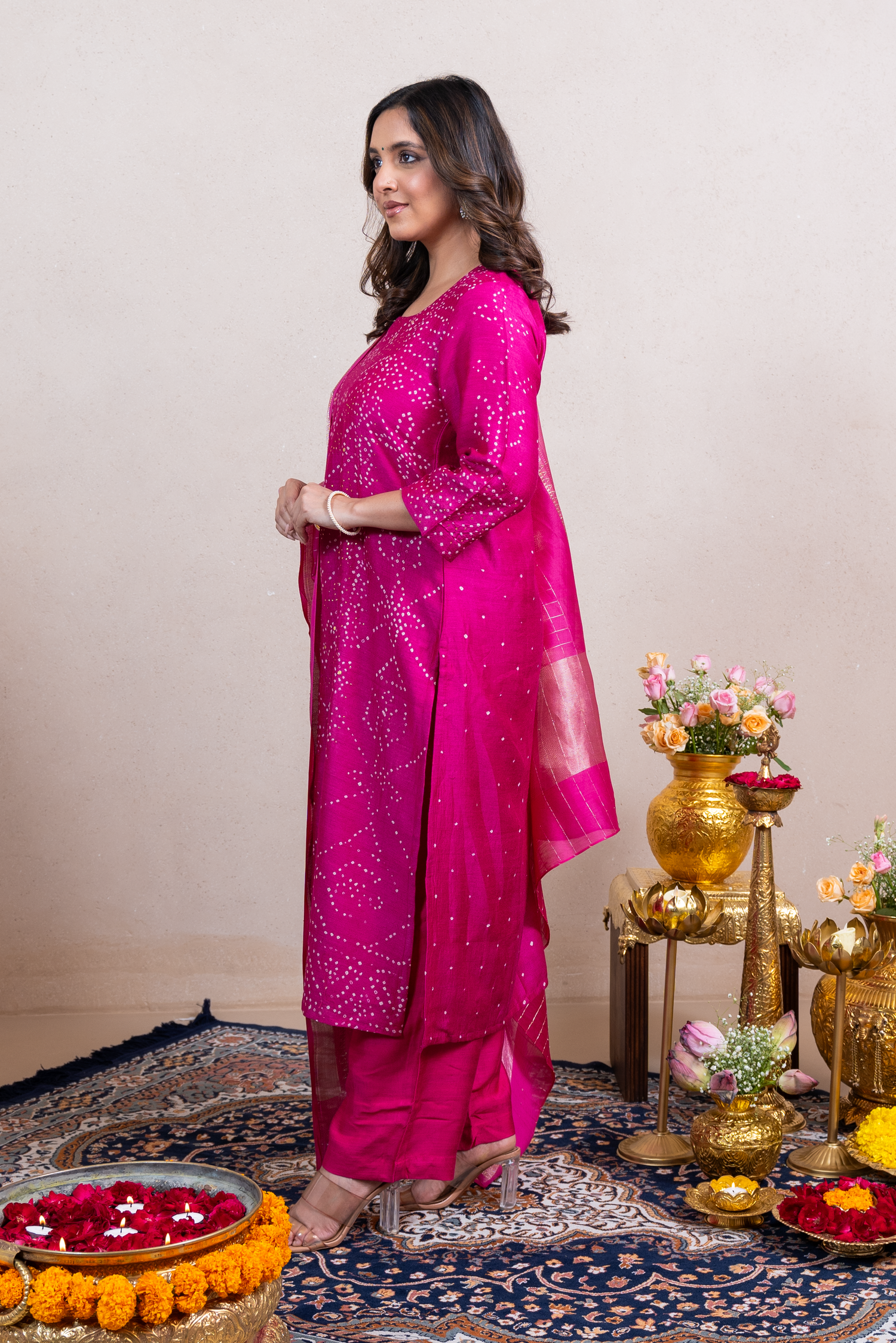 Raysham Rani Pink Bandhani Tusser Silk Set of 3 | Ray-ethnic