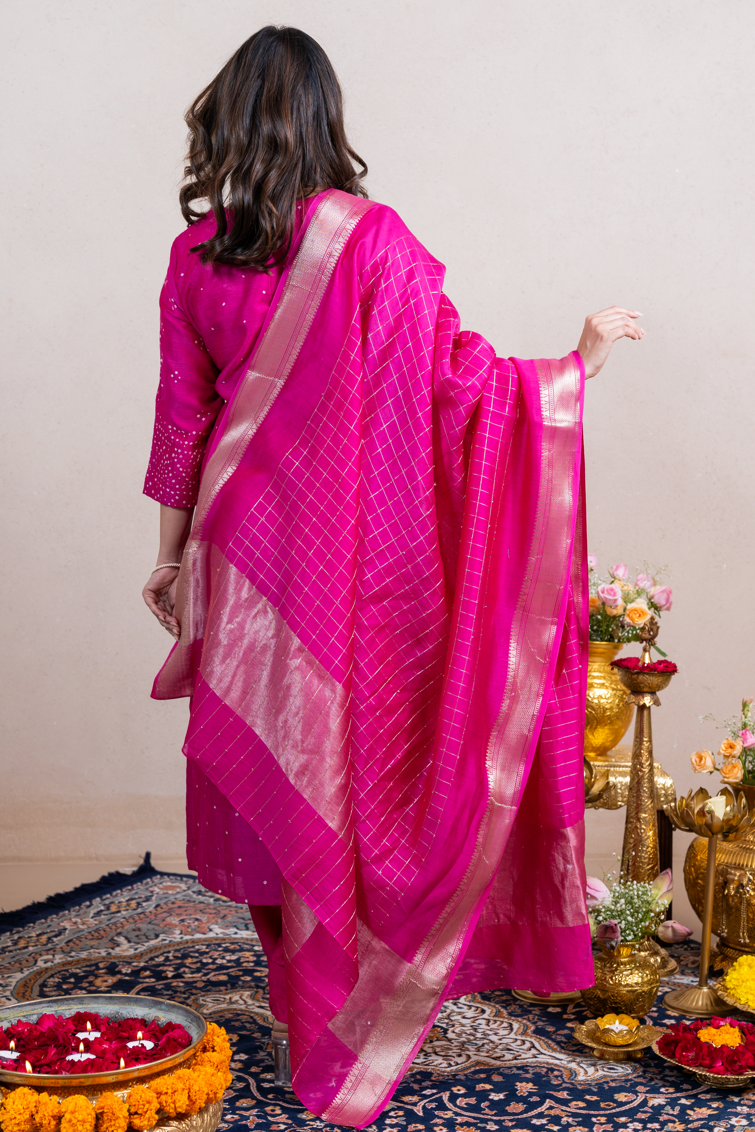 Raysham Rani Pink Bandhani Tusser Silk Set of 3 | Ray-ethnic