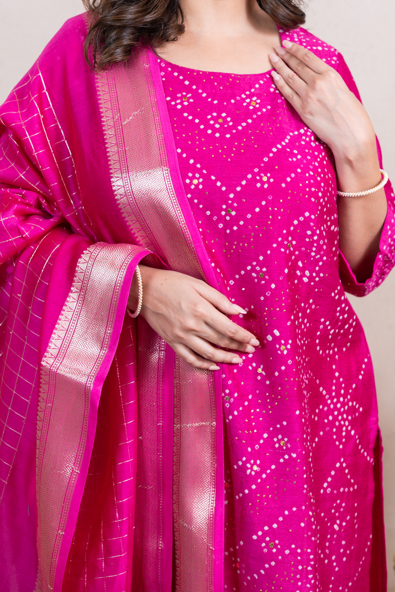 Raysham Rani Pink Bandhani Tusser Silk Set of 3 | Ray-ethnic