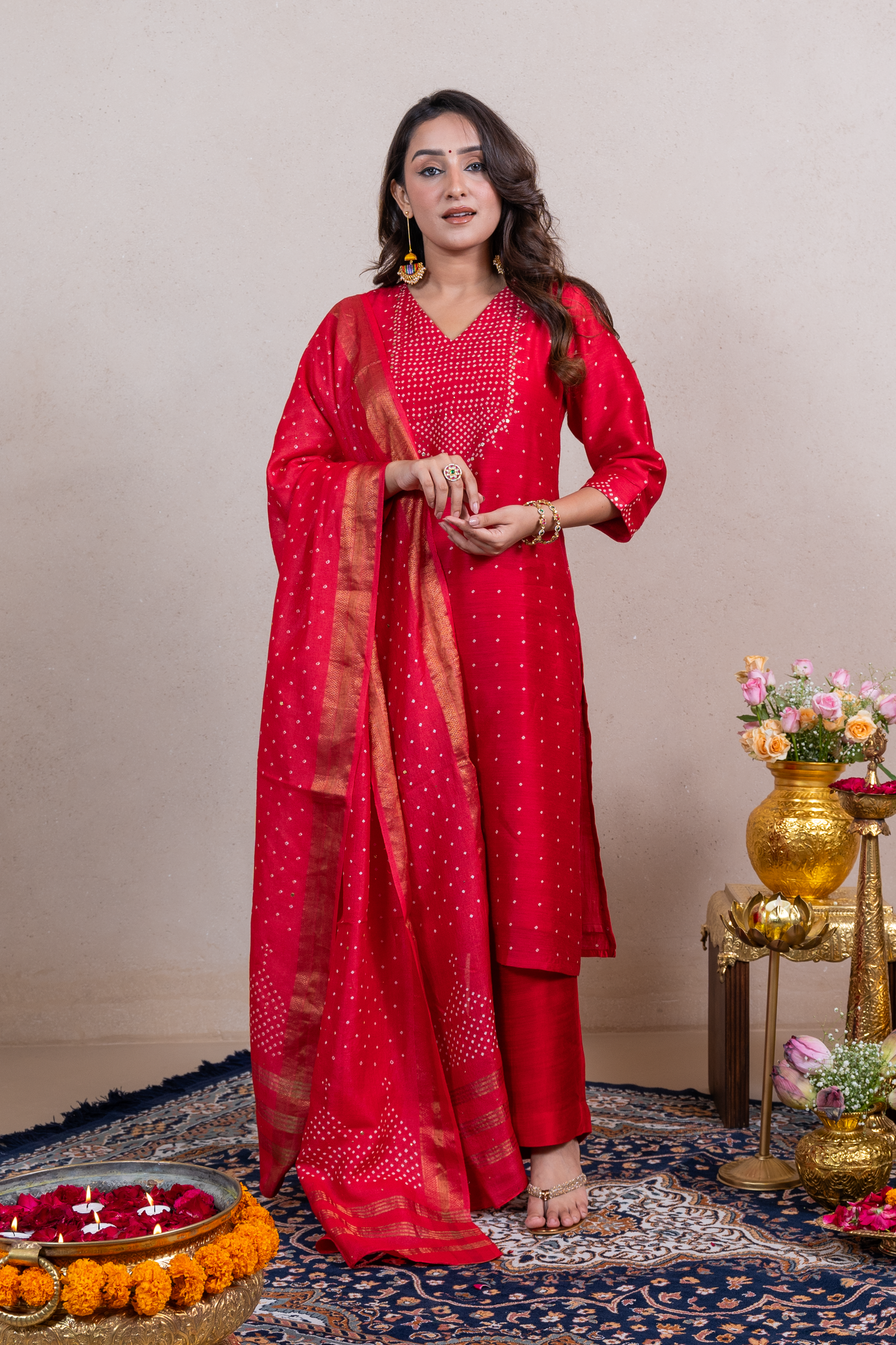Raysham Red Bandhani Tussar Silk Set of 3 | Ray-ethnic