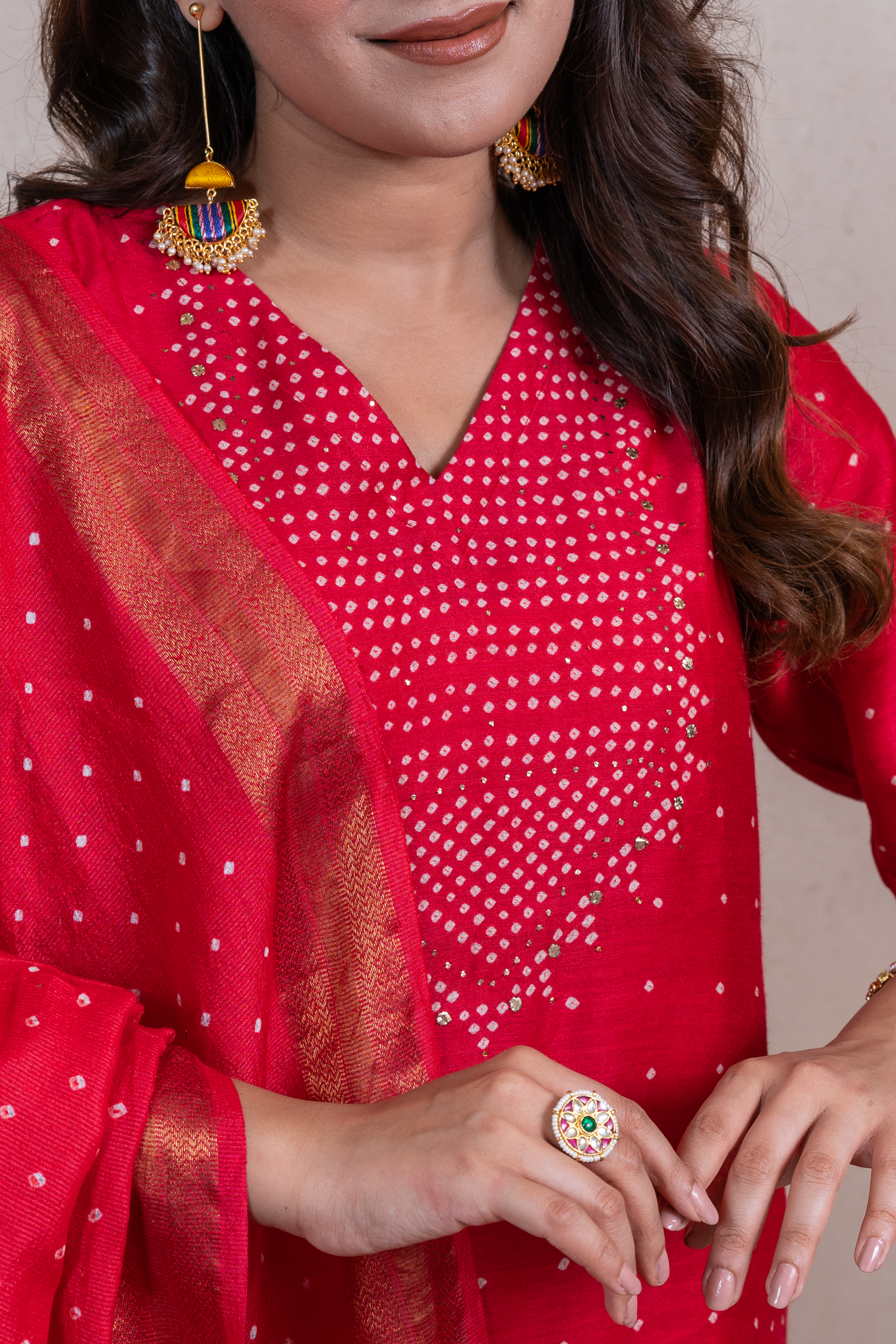 Raysham Red Bandhani Tussar Silk Set of 3 | Ray-ethnic