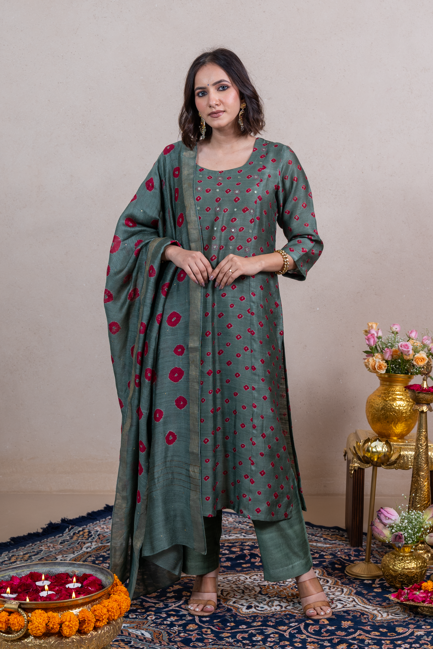 Raysham Green Bandhani Tusser Silk Set of 3 | Ray-ethnic