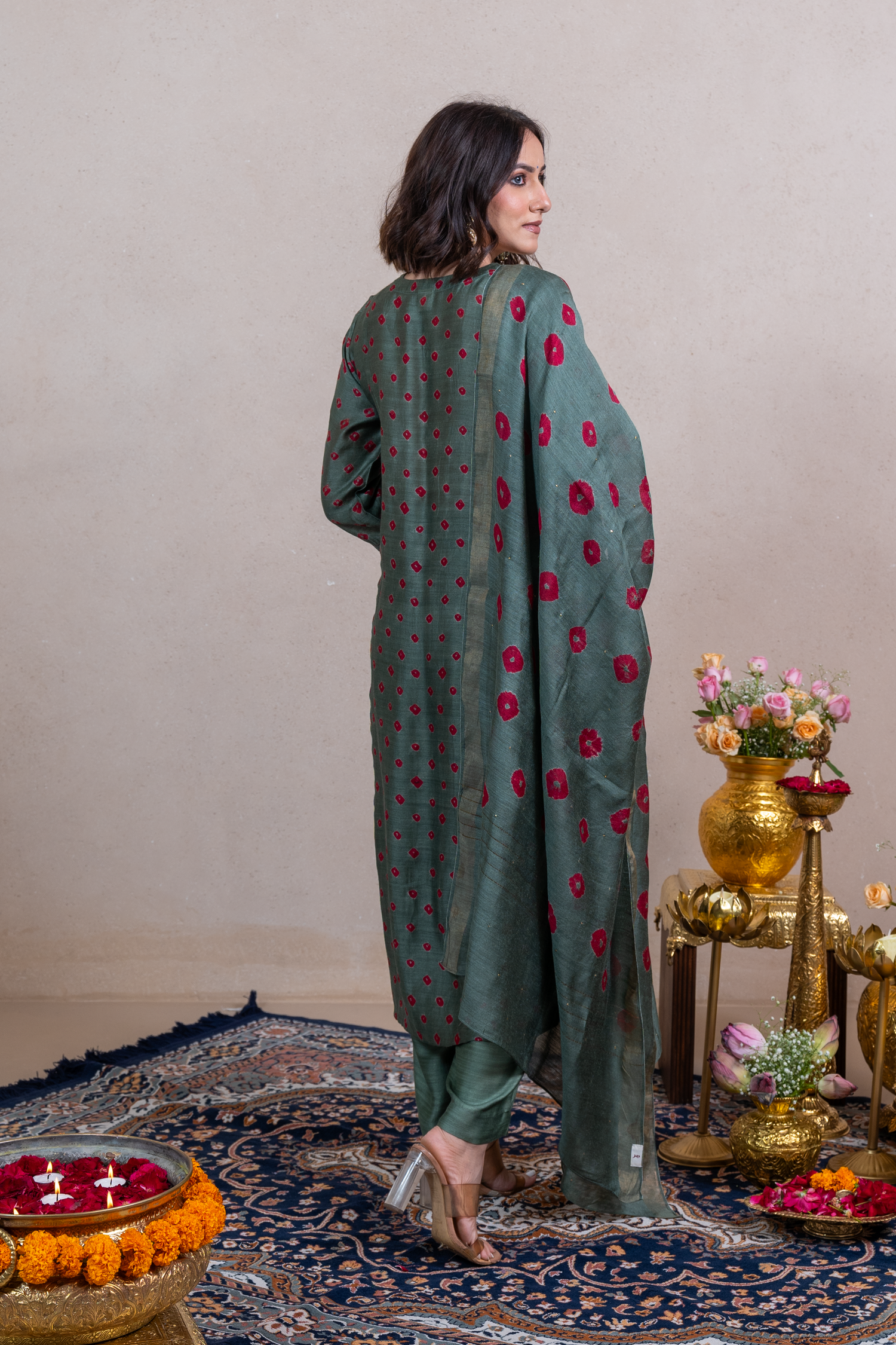 Raysham Green Bandhani Tusser Silk Set of 3 | Ray-ethnic