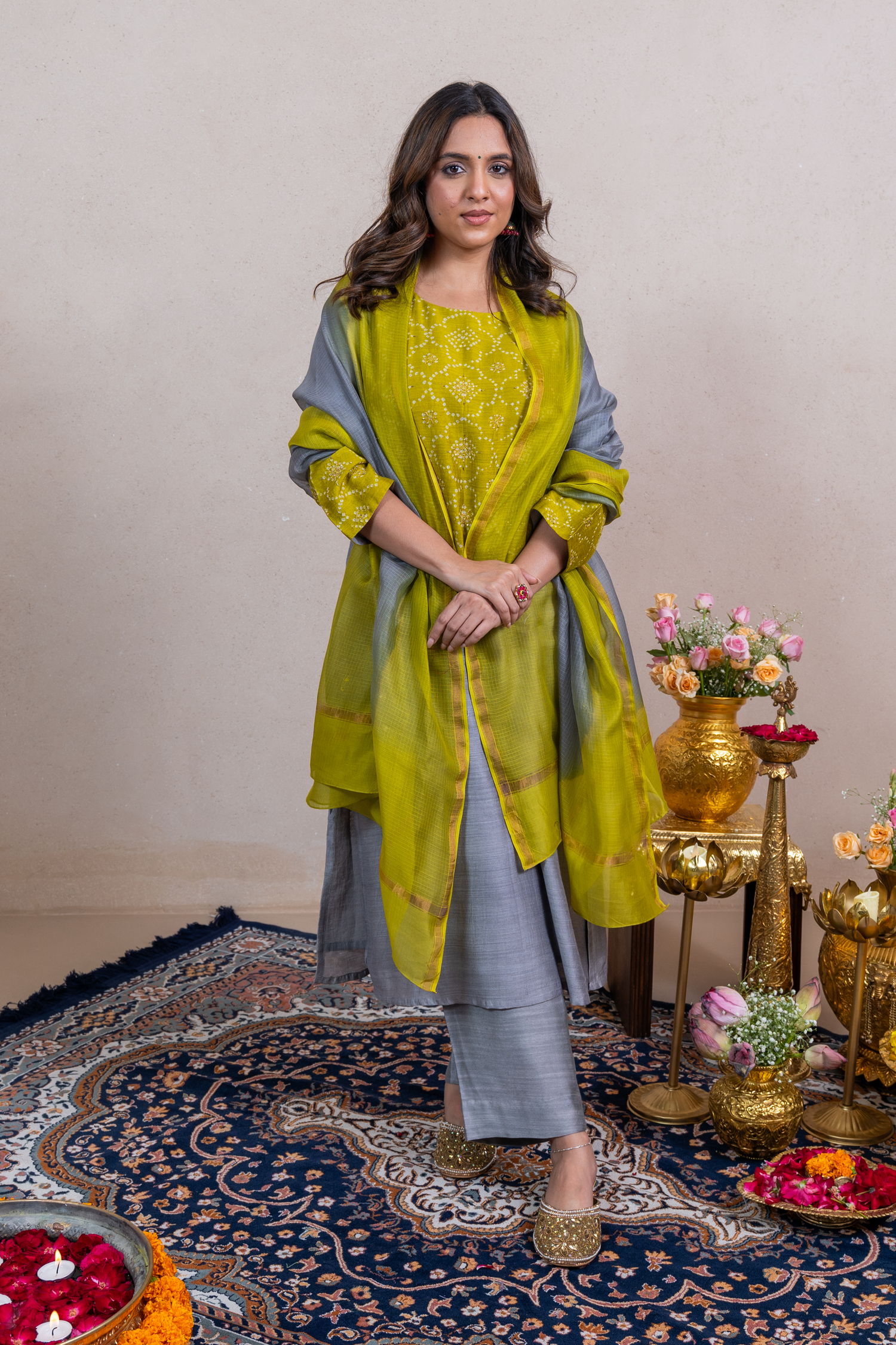 Raysham Light Grey Bandhani Tusser Silk Set of 3| Ray-ethnic