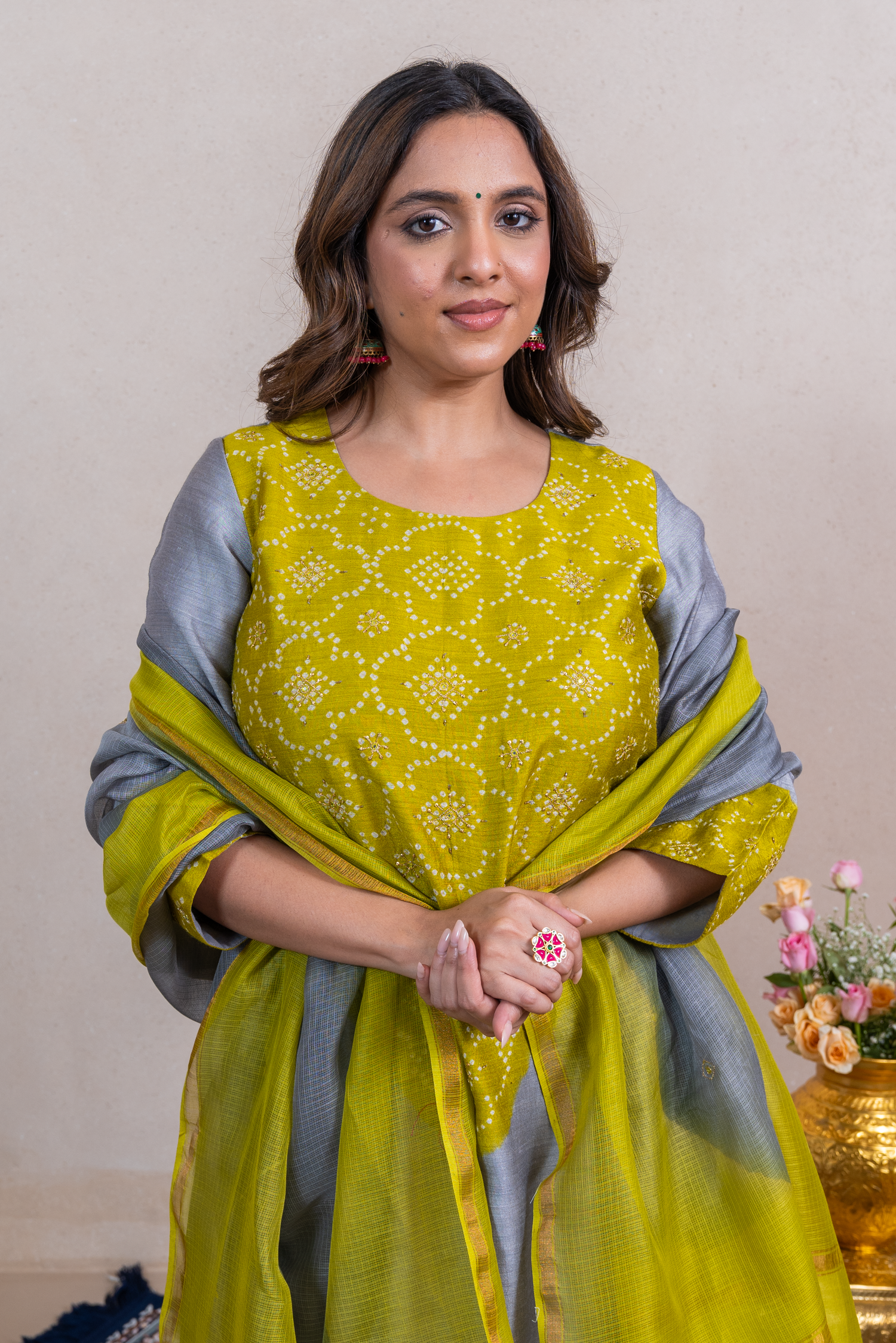 Raysham Light Grey Bandhani Tusser Silk Set of 3| Ray-ethnic