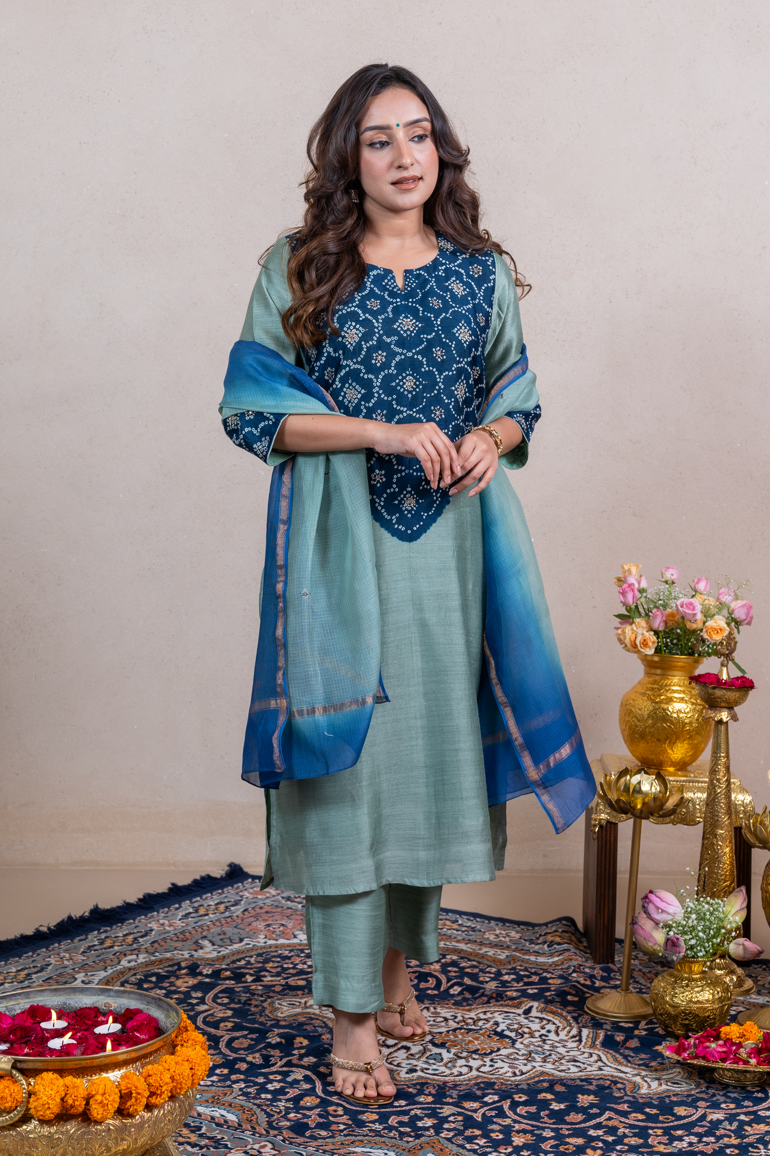 Raysham Green Bandhani Tusser Silk Set of 3 | ray-ethnic