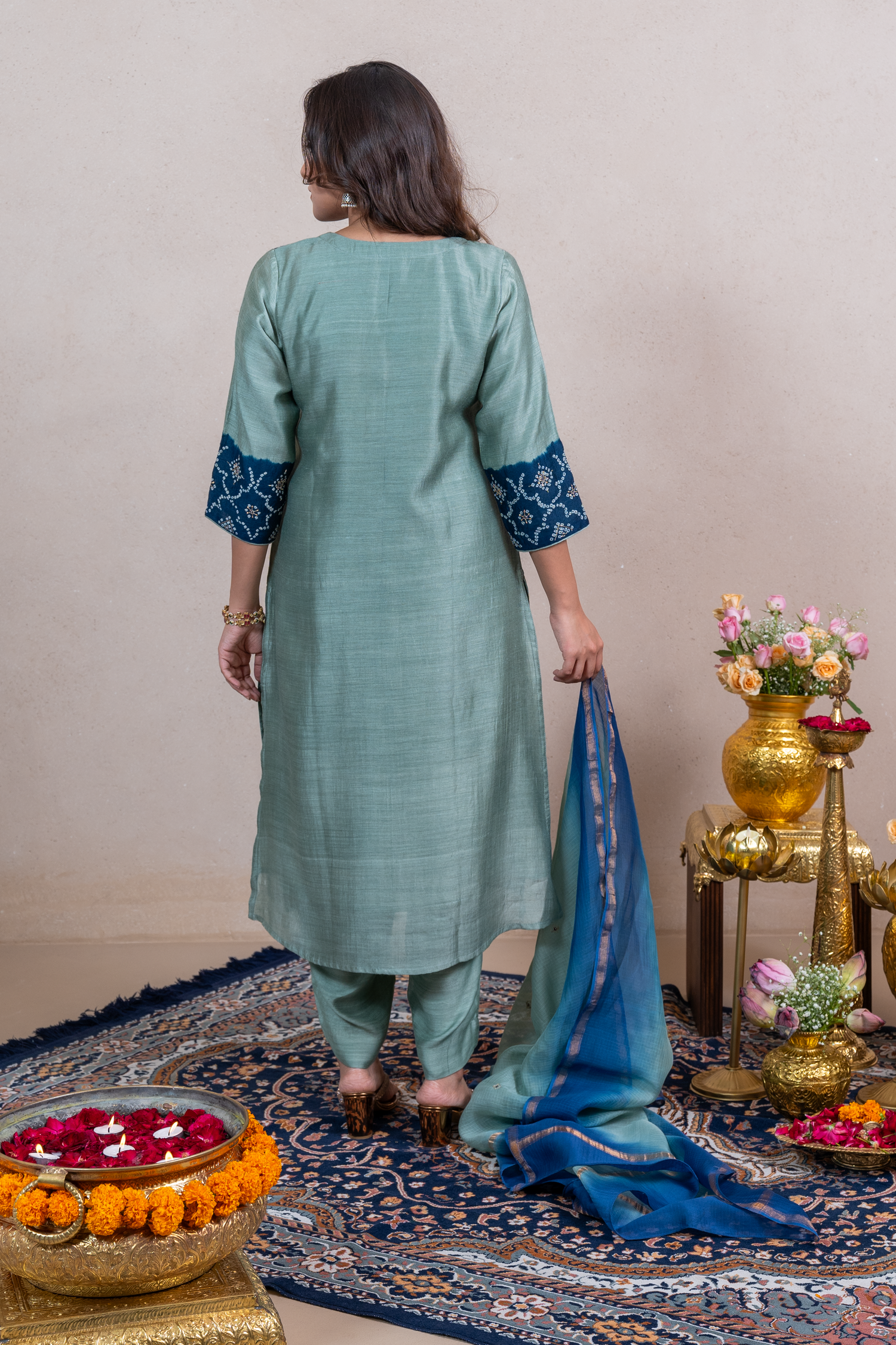 Raysham Green Bandhani Tusser Silk Set of 3 | ray-ethnic