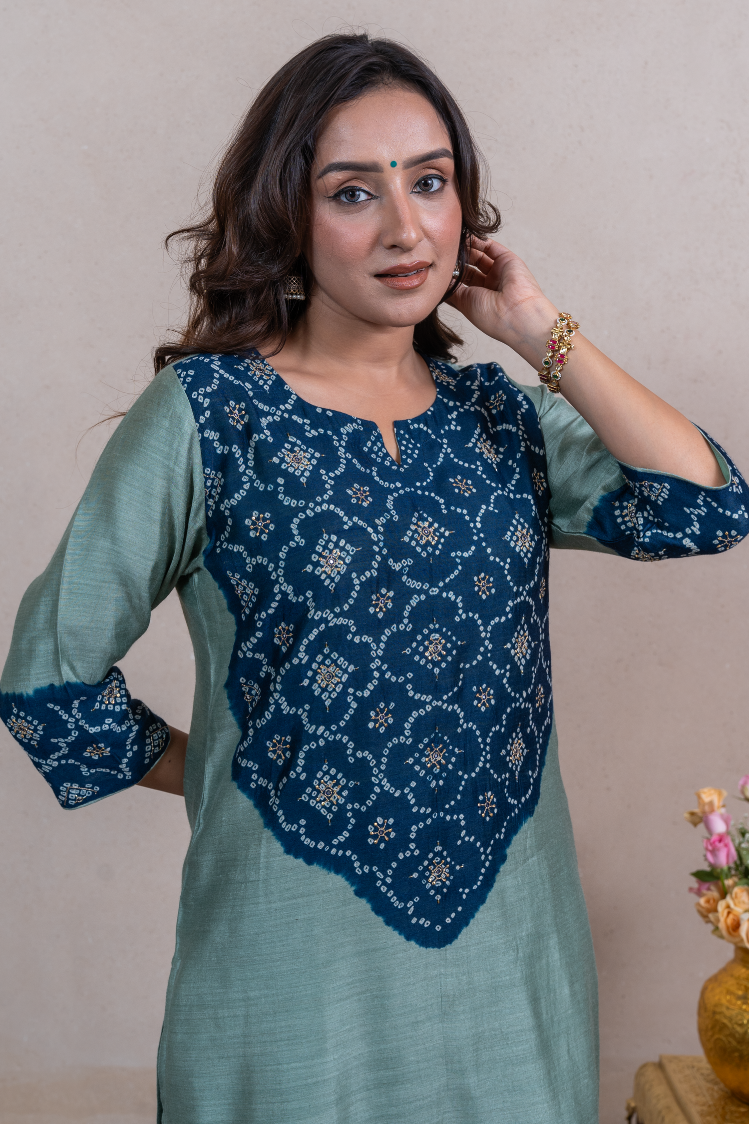 Raysham Green Bandhani Tusser Silk Set of 3 | ray-ethnic