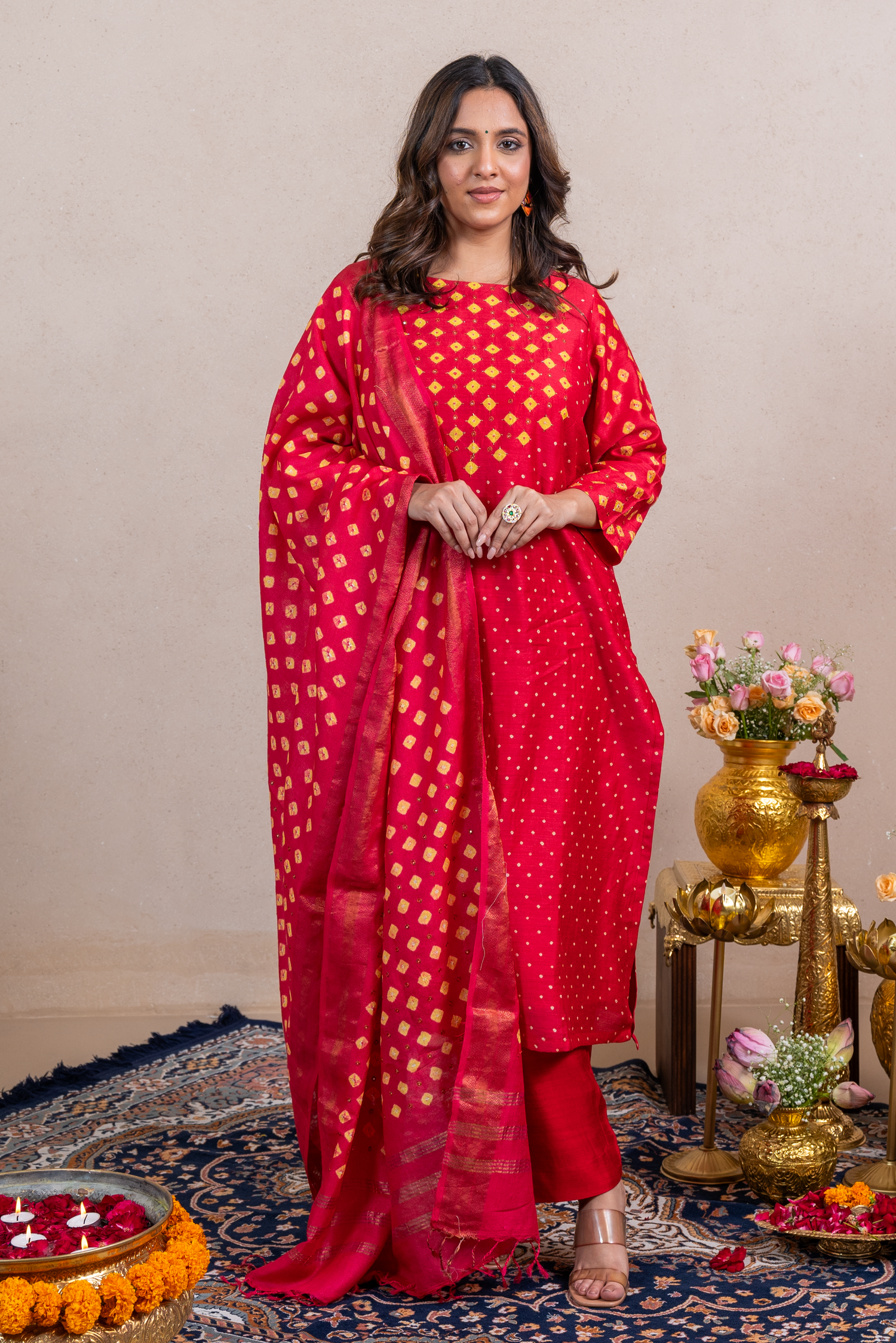 Raysham Red Bandhani Munga Silk Set of 3 | Ray-ethnic