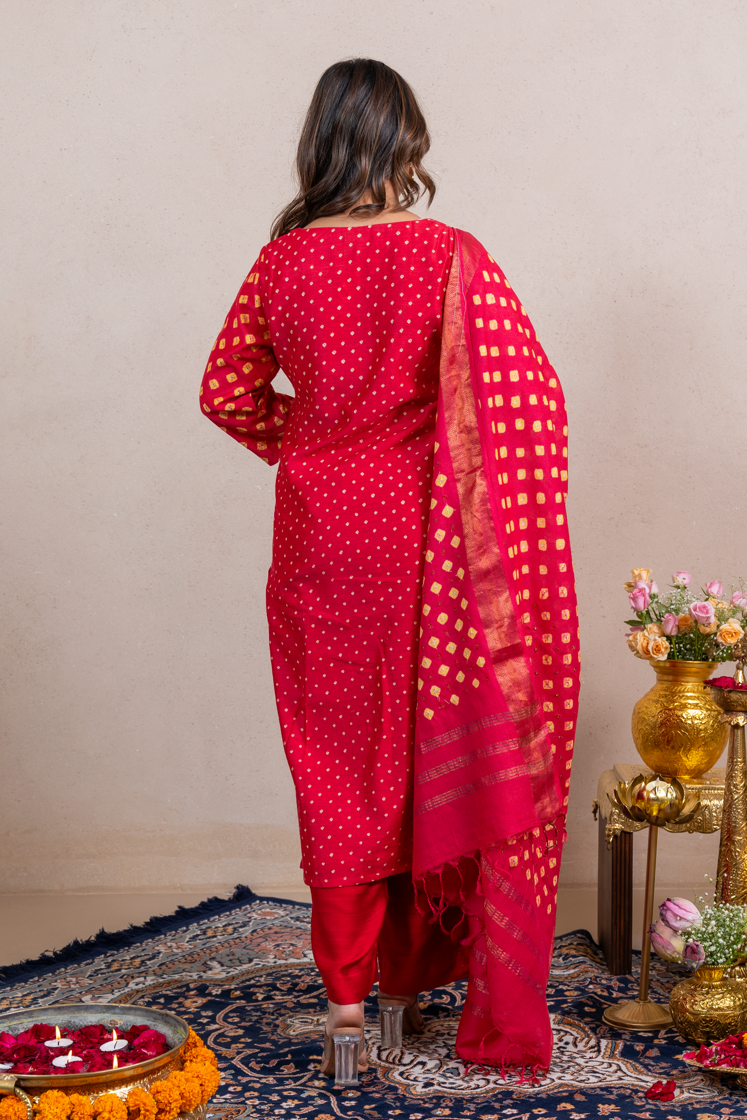 Raysham Red Bandhani Munga Silk Set of 3 | Ray-ethnic