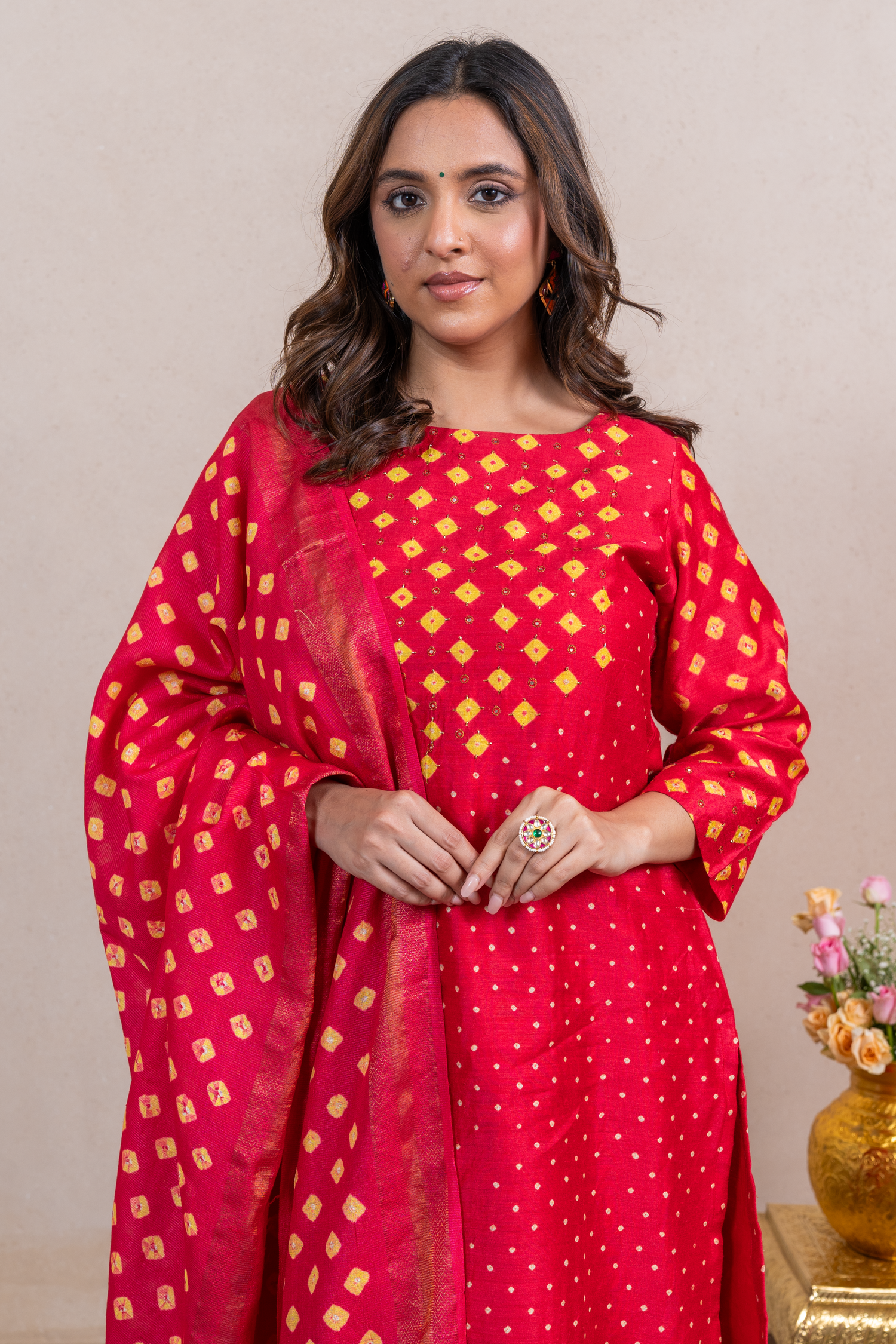 Raysham Red Bandhani Munga Silk Set of 3 | Ray-ethnic